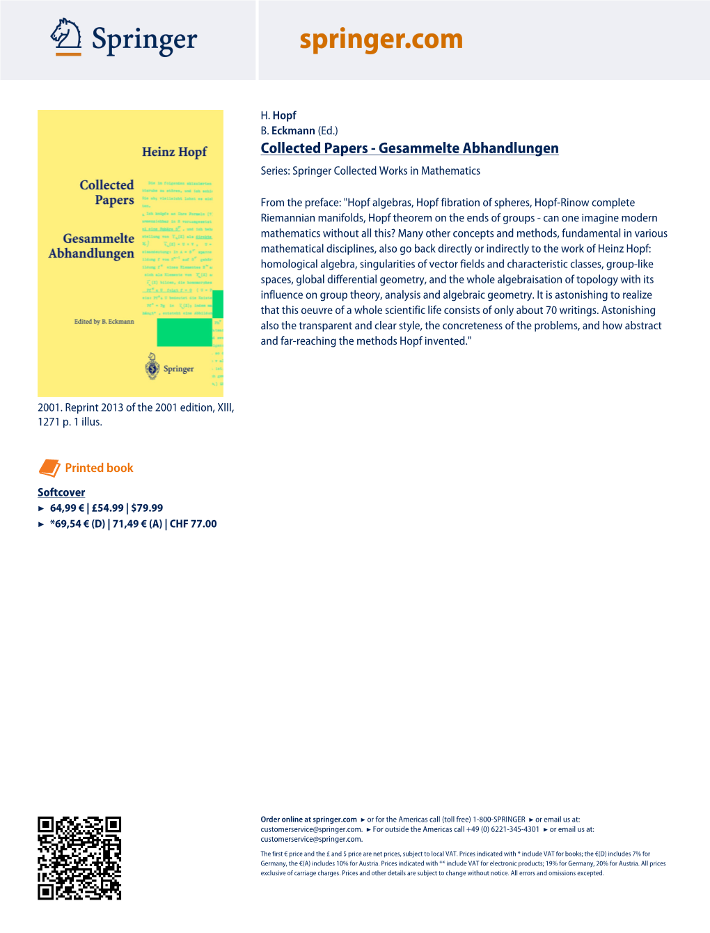 Collected Papers - Gesammelte Abhandlungen Series: Springer Collected Works in Mathematics