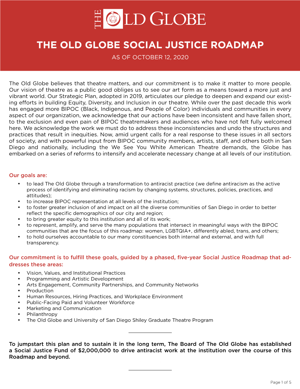 The Old Globe Social Justice Roadmap As of October 12, 2020