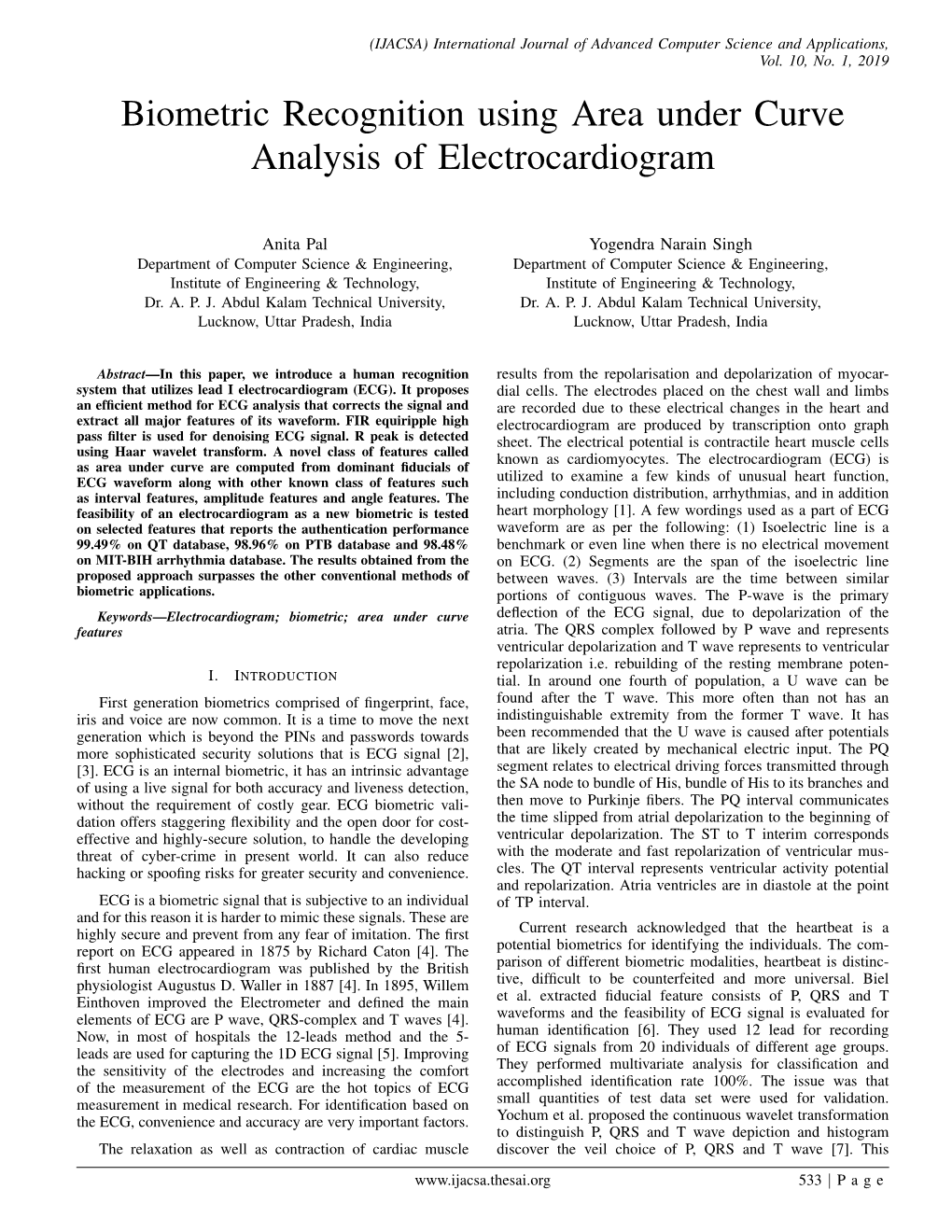 Biometric Recognition Using Area Under Curve Analysis of Electrocardiogram