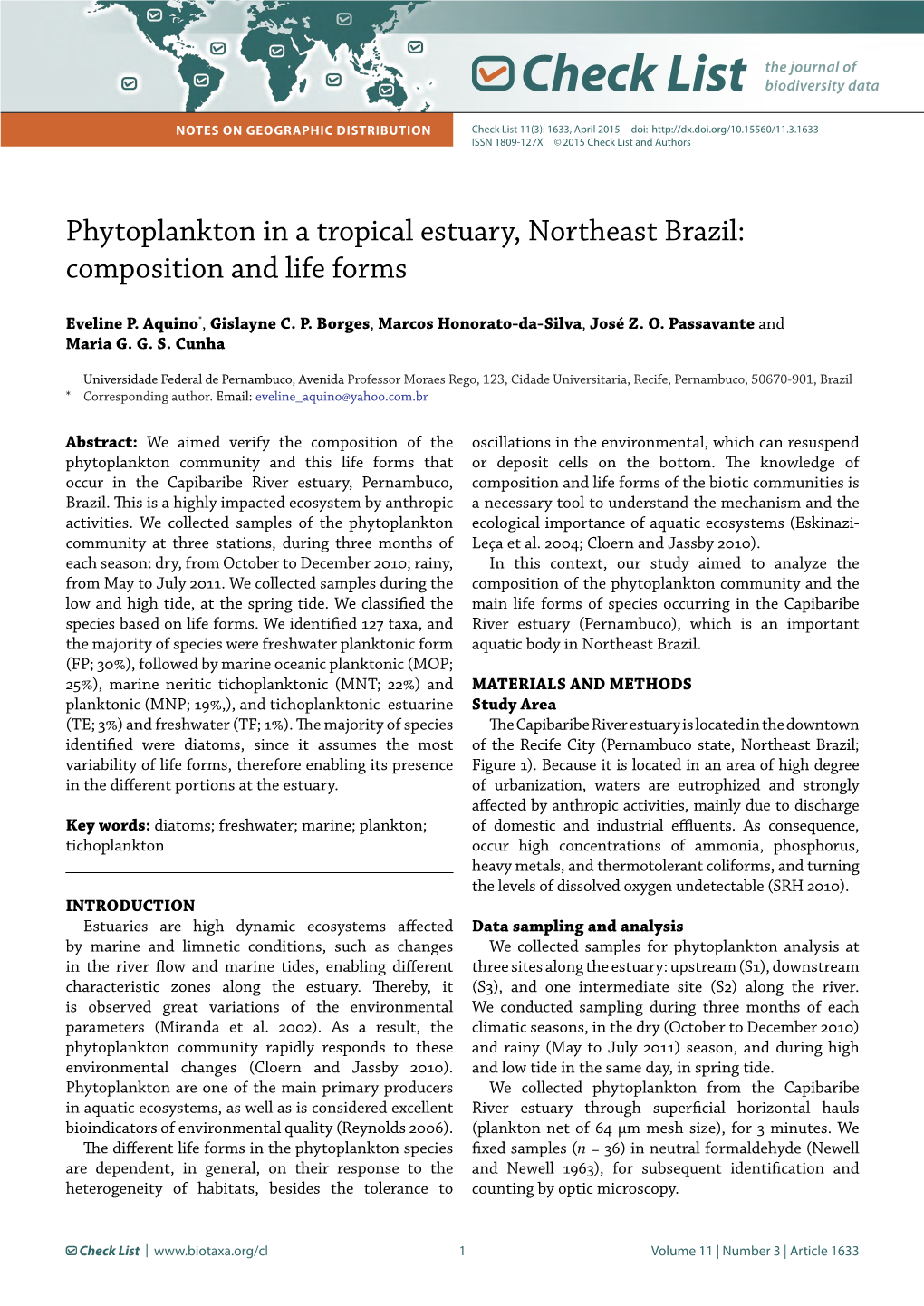 Phytoplankton in a Tropical Estuary, Northeast Brazil: Composition and Life Forms