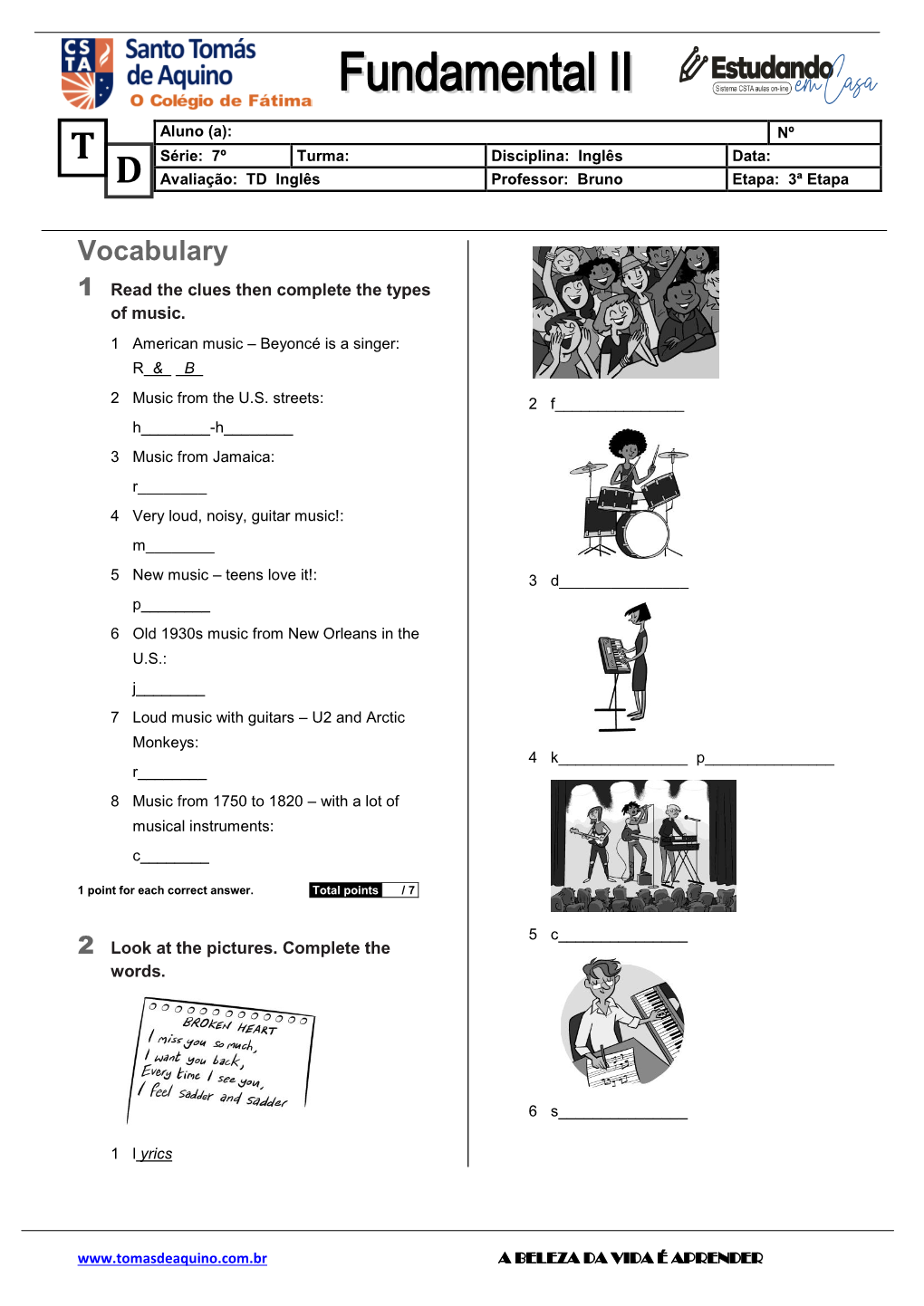 Vocabulary 1 Read the Clues Then Complete the Types of Music