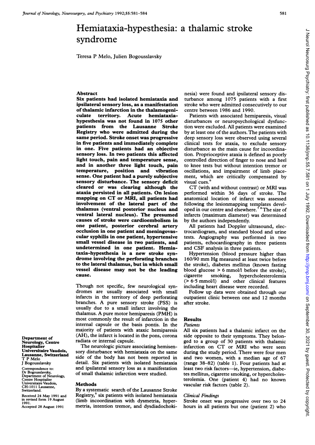 A Thalamic Stroke J Neurol Neurosurg Psychiatry: First Published As 10.1136/Jnnp.55.7.581 on 1 July 1992