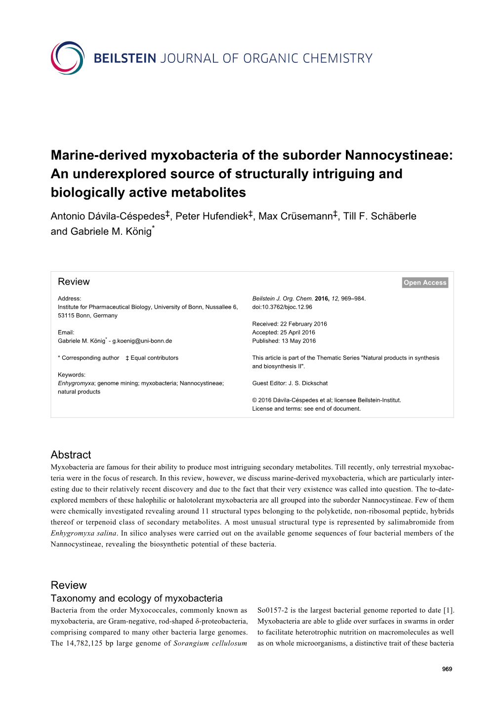 Marine-Derived Myxobacteria of the Suborder Nannocystineae: an Underexplored Source of Structurally Intriguing and Biologically Active Metabolites