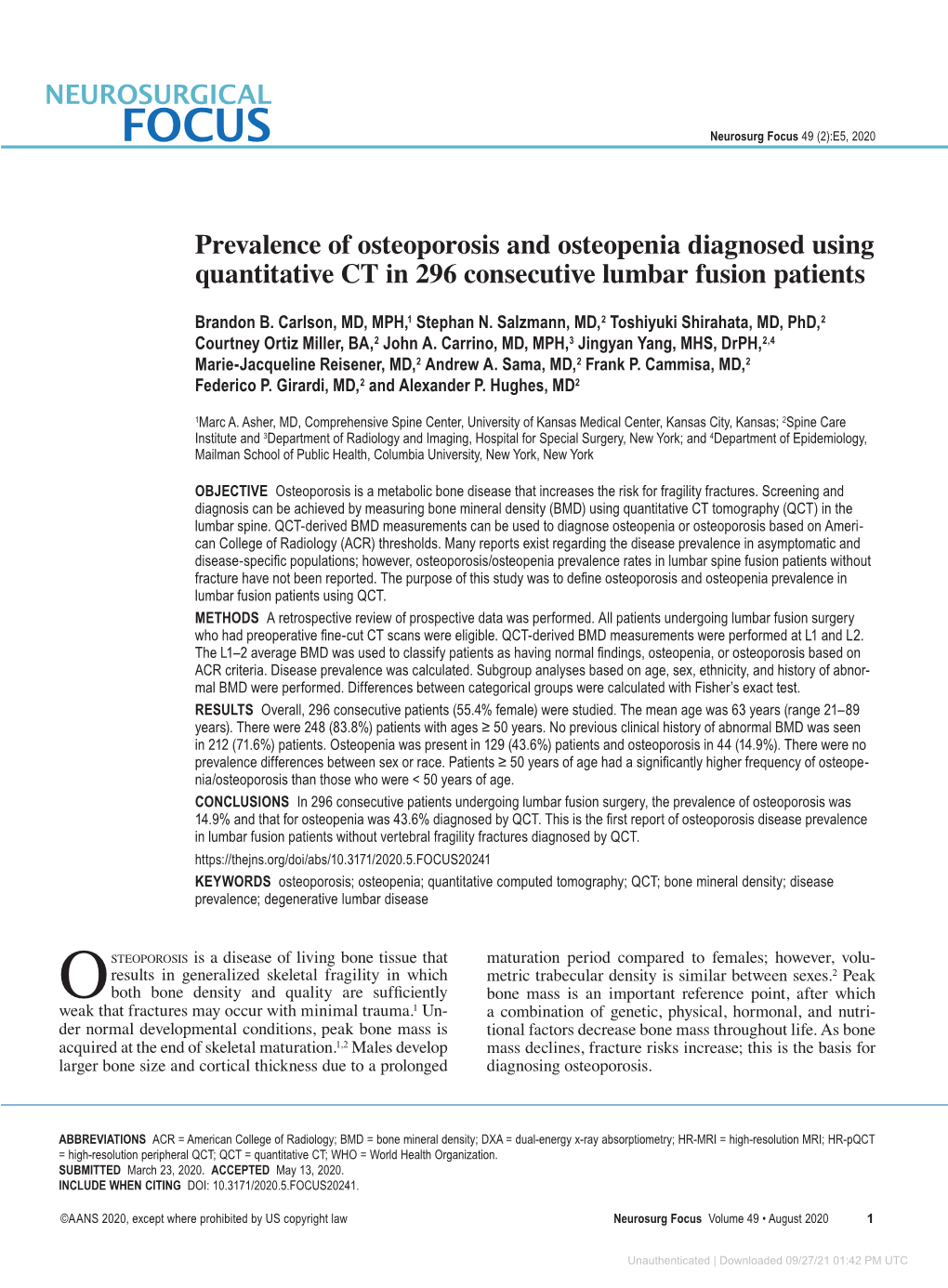 Prevalence of Osteoporosis and Osteopenia Diagnosed Using Quantitative CT in 296 Consecutive Lumbar Fusion Patients