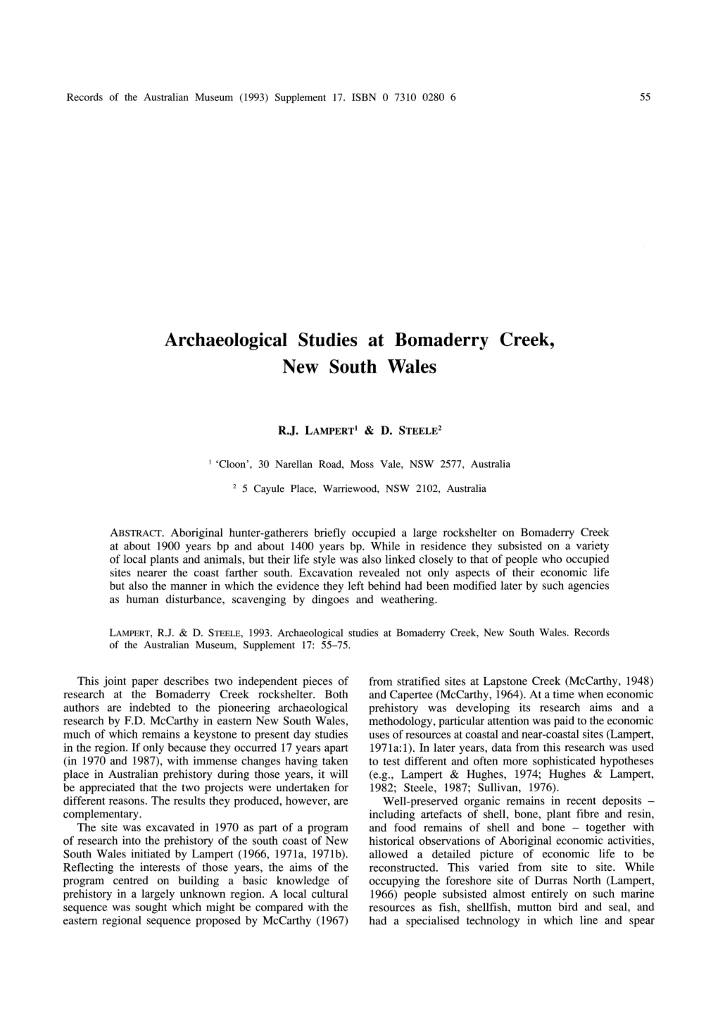 Archaeological Studies at Bomaderry Creek, New South Wales