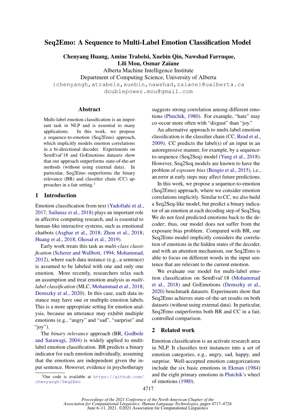 Seq2emo: a Sequence to Multi-Label Emotion Classification Model