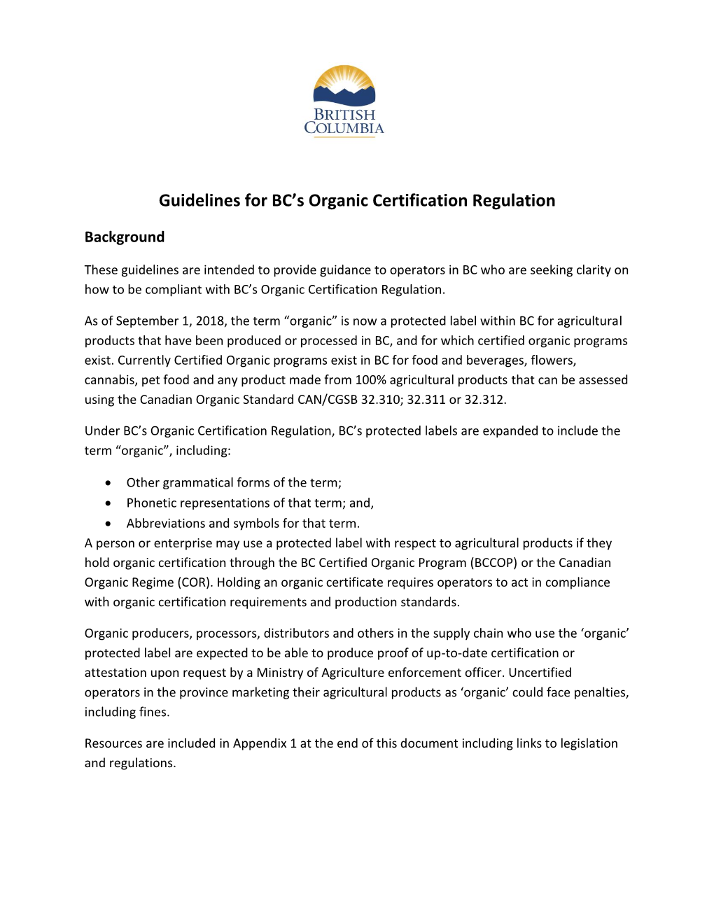 Guidelines for BC's Organic Certification Regulation