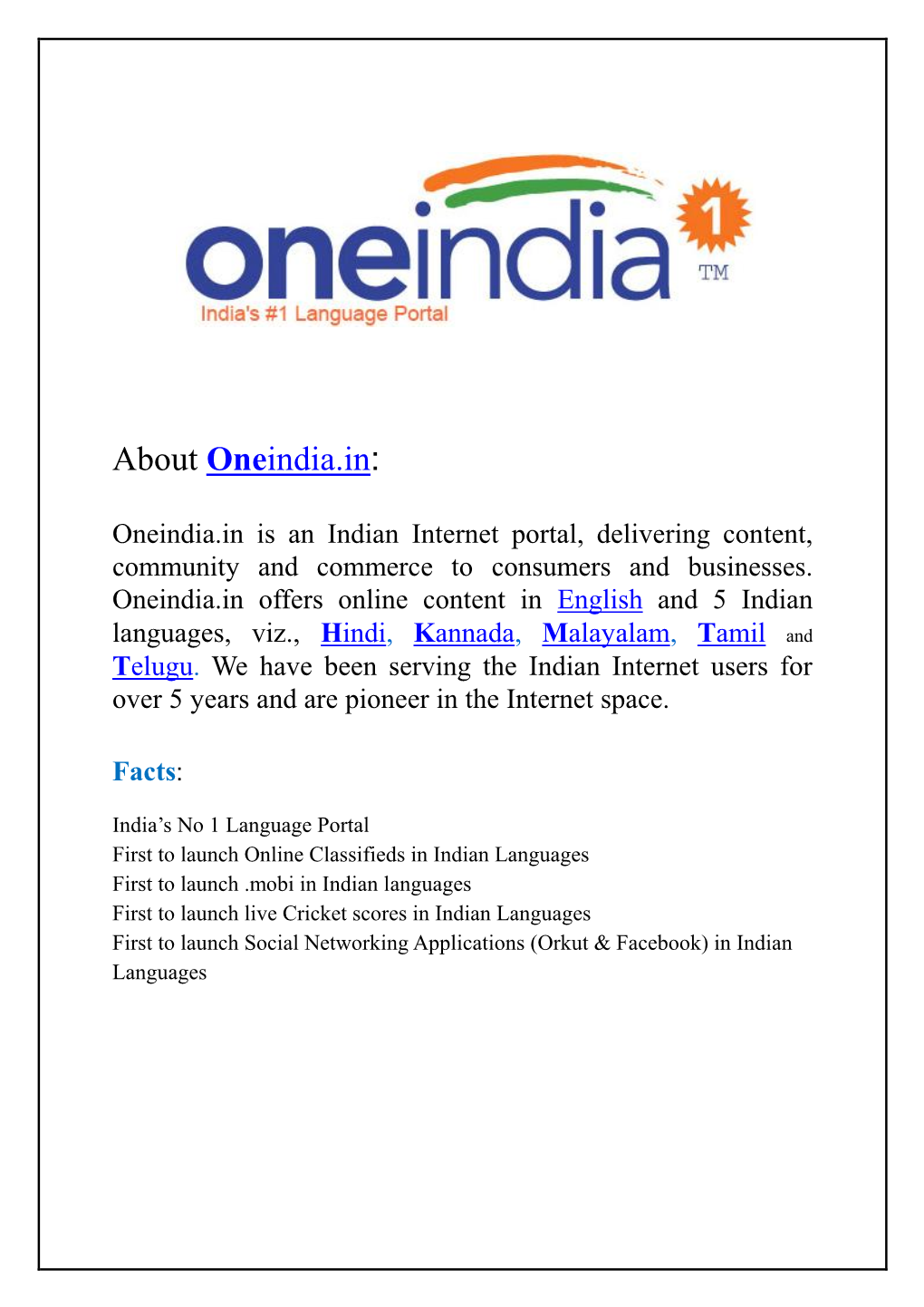 About Oneindia.In