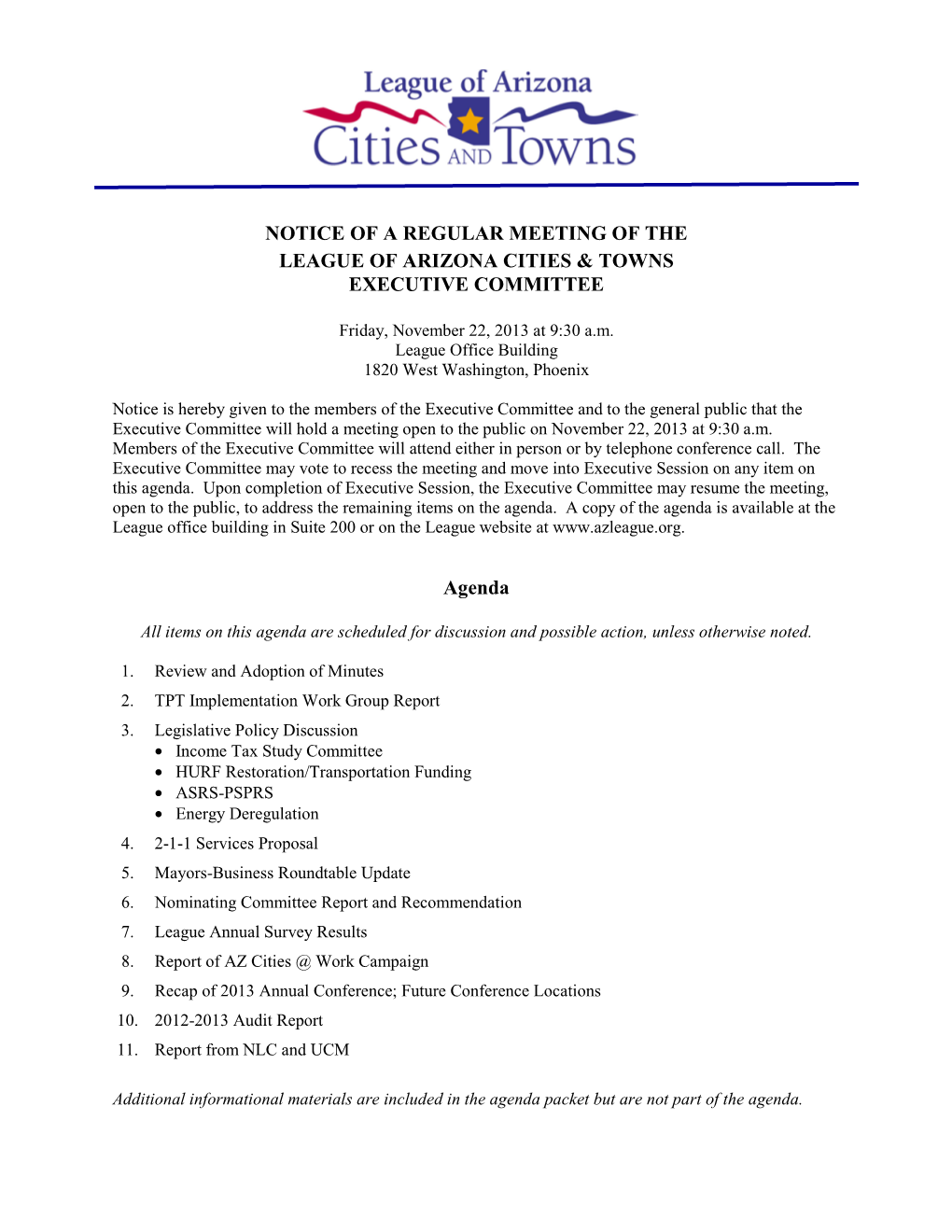 Notice of a Regular Meeting of the League of Arizona Cities & Towns Executive Committee