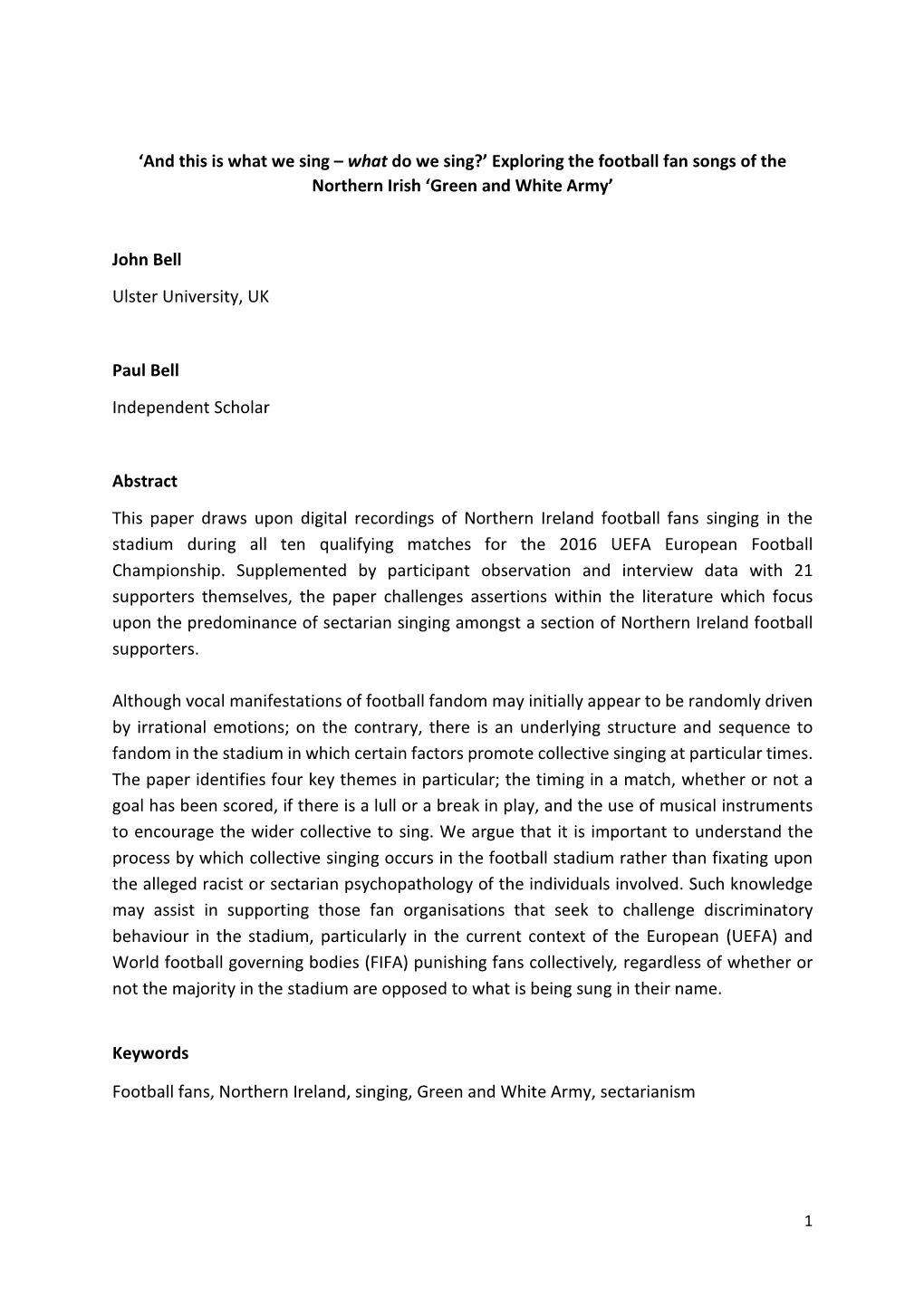 Exploring the Football Fan Songs of the Northern Irish ‘Green and White Army’