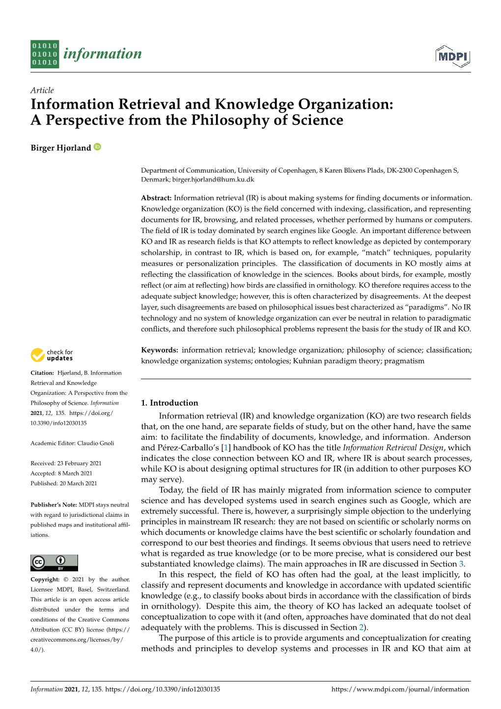 Information Retrieval and Knowledge Organization: a Perspective from the Philosophy of Science