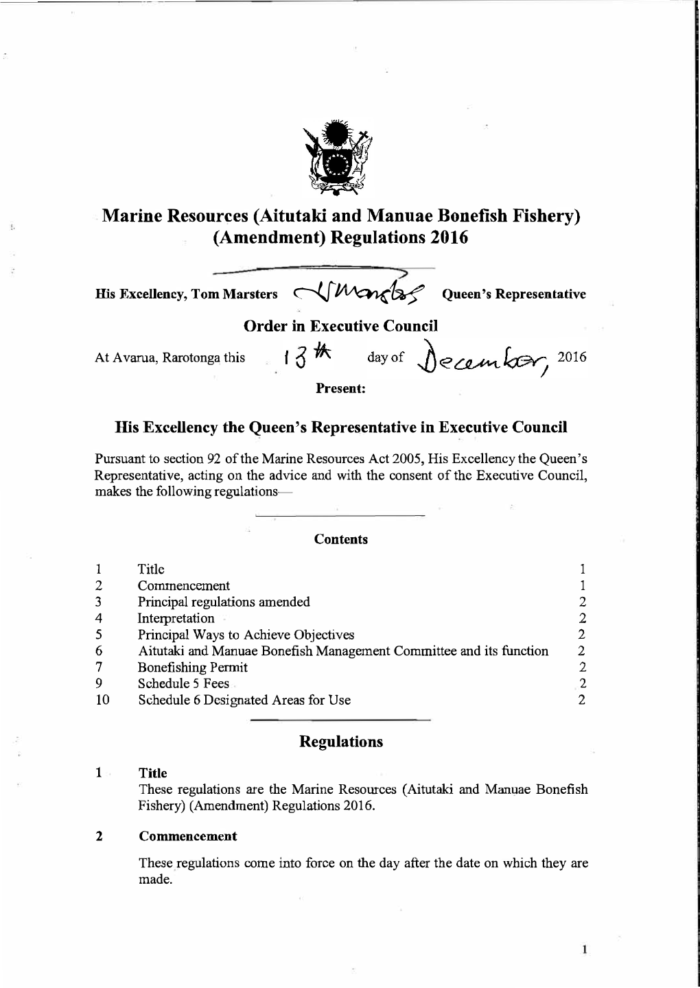 Marine Resources (Aitutaki and Manuae Bonefish Fishery) (Amendment) Regulations 2016