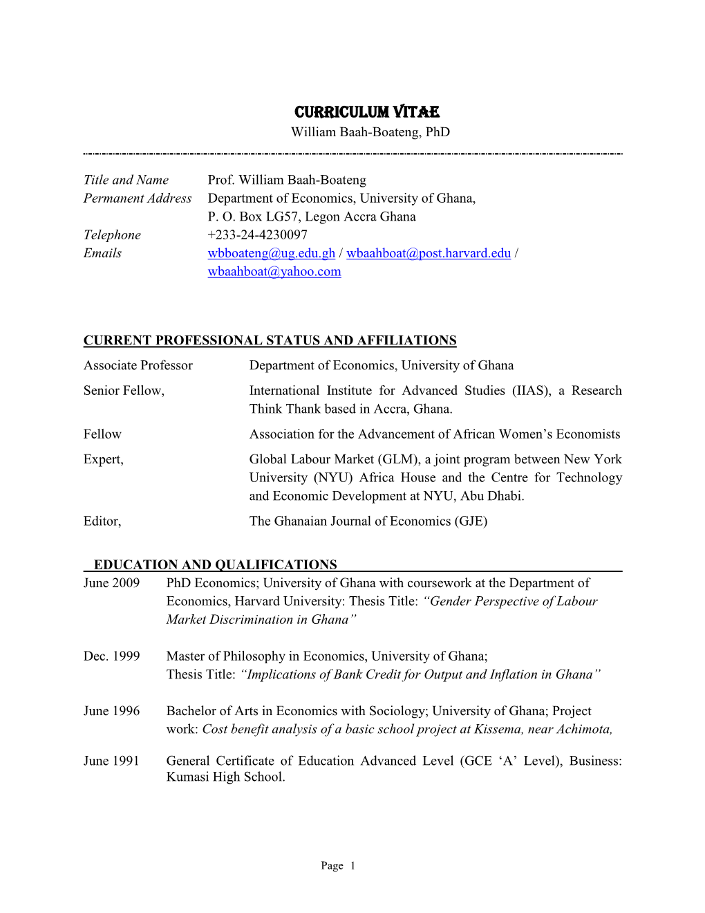 CURRICULUM VITAE William Baah-Boateng, Phd