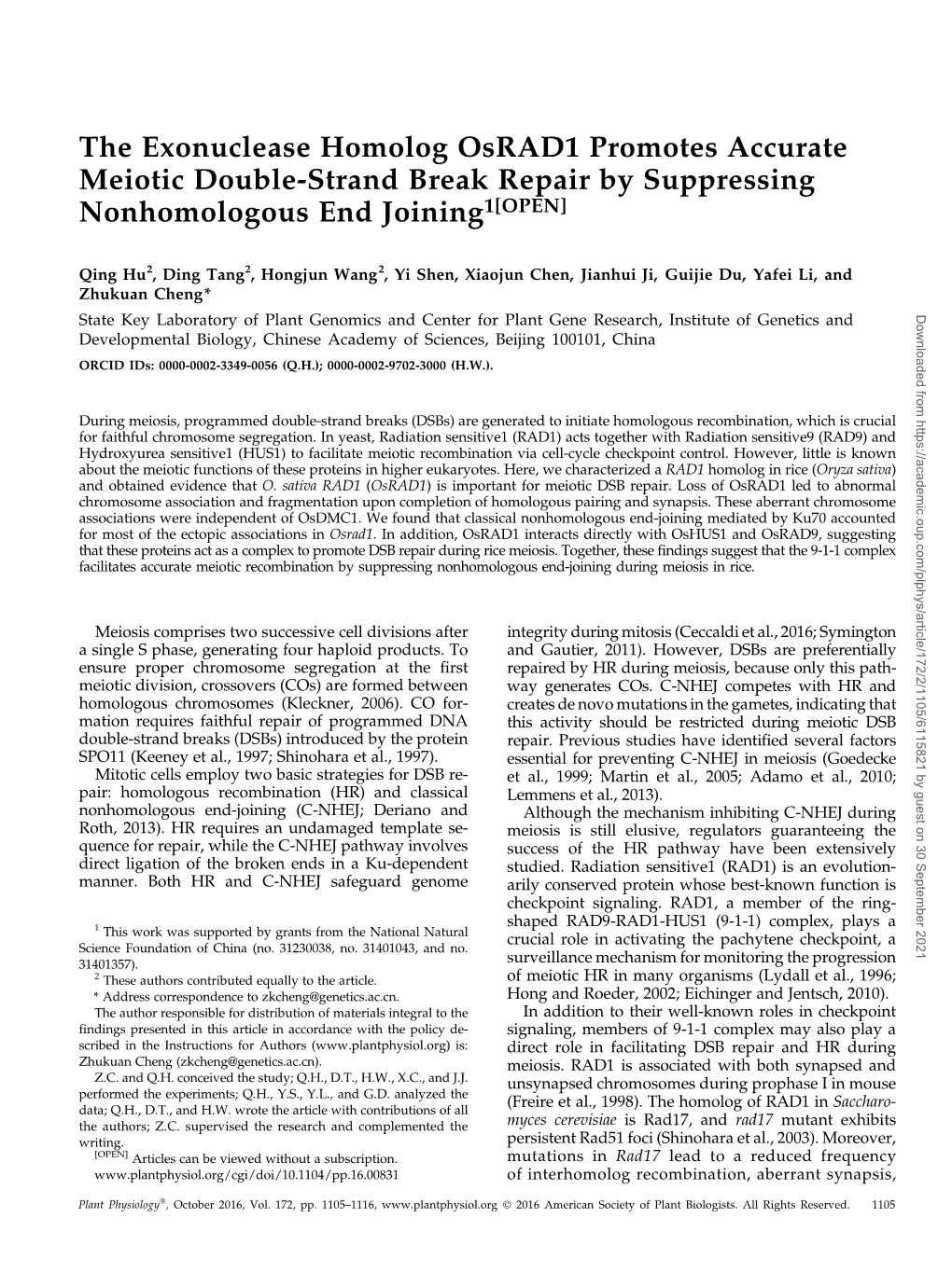 The Exonuclease Homolog Osrad1 Promotes Accurate Meiotic Double-Strand Break Repair by Suppressing Nonhomologous End Joining1[OPEN]