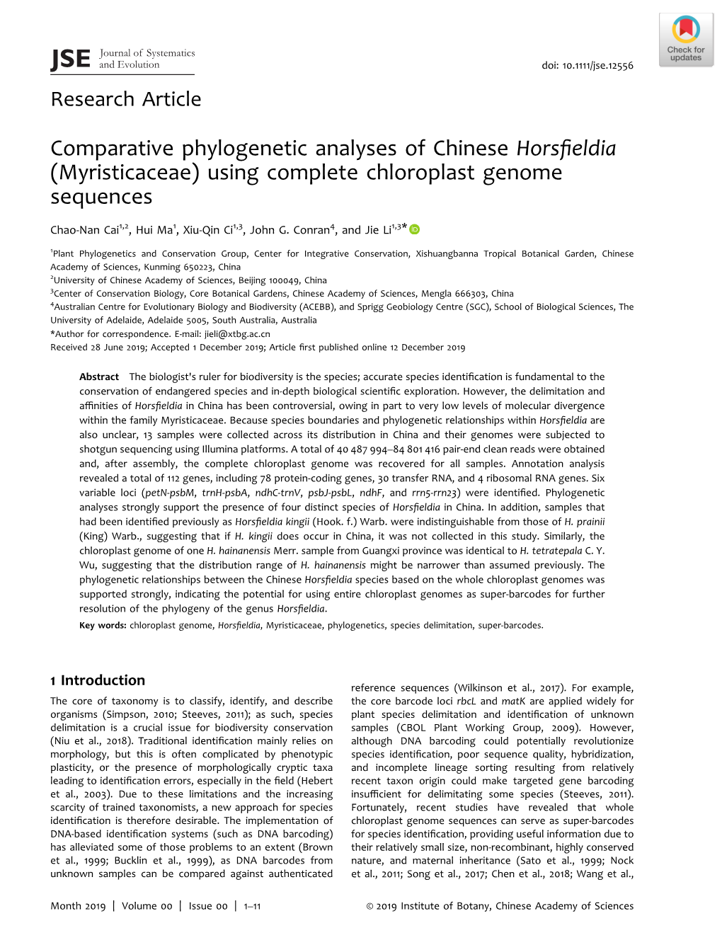Comparative Phylogenetic Analyses of Chinese Horsfieldia (Myristicaceae