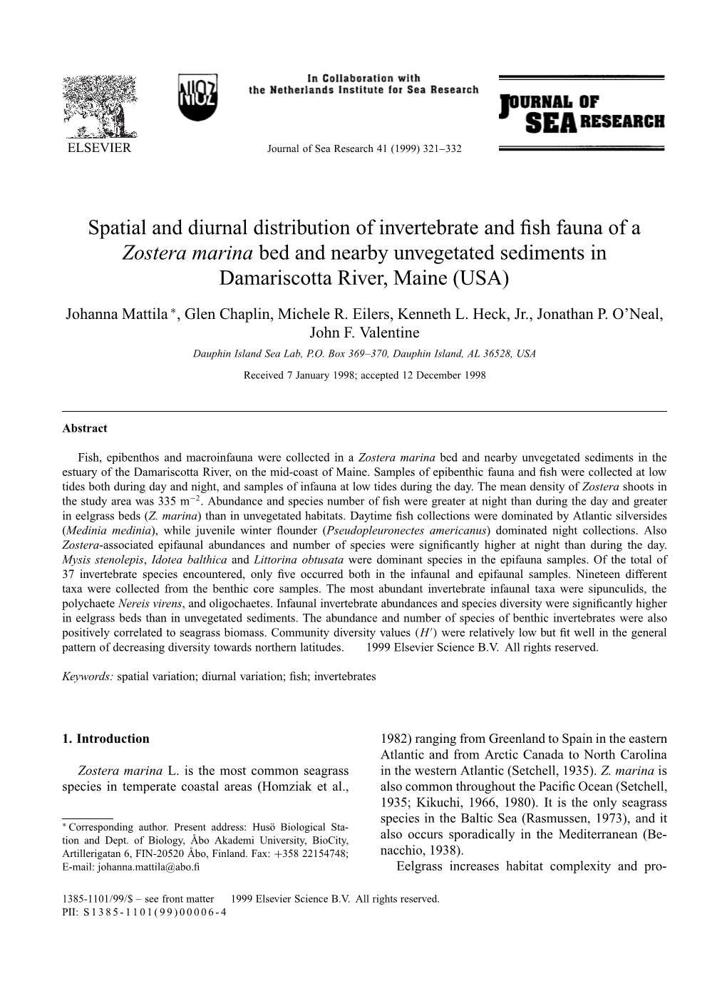 Zostera Marina Bed and Nearby Unvegetated Sediments in Damariscotta River, Maine (USA)