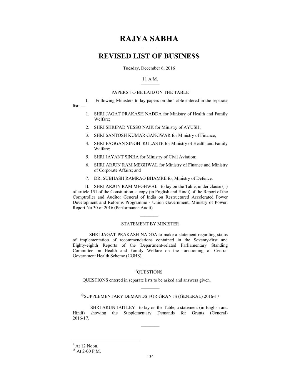 Rajya Sabha —— Revised List of Business