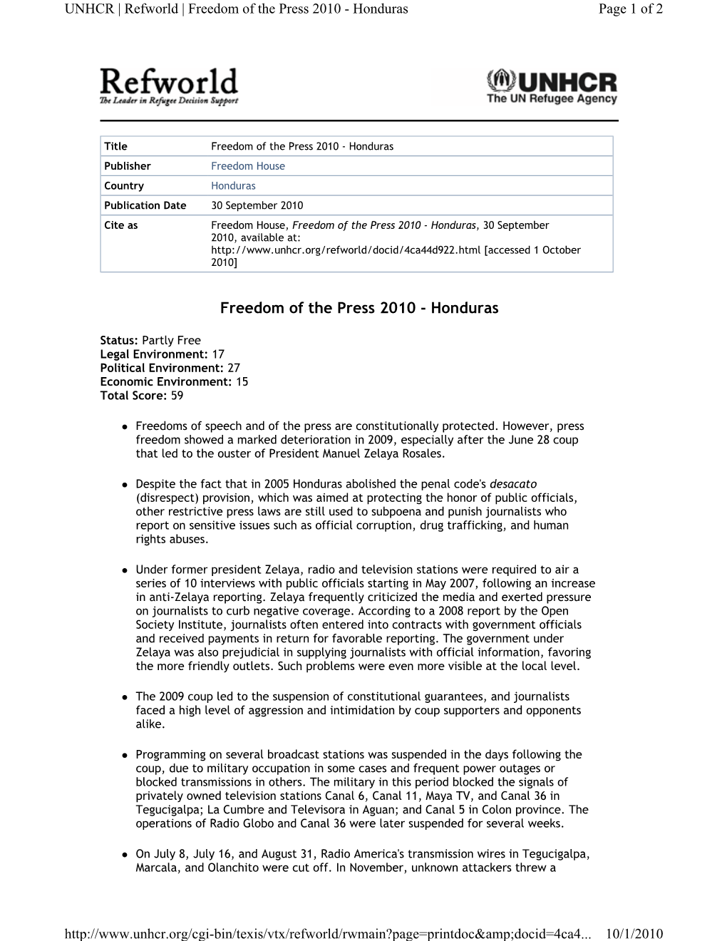 Freedom of the Press 2010 - Honduras Page 1 of 2