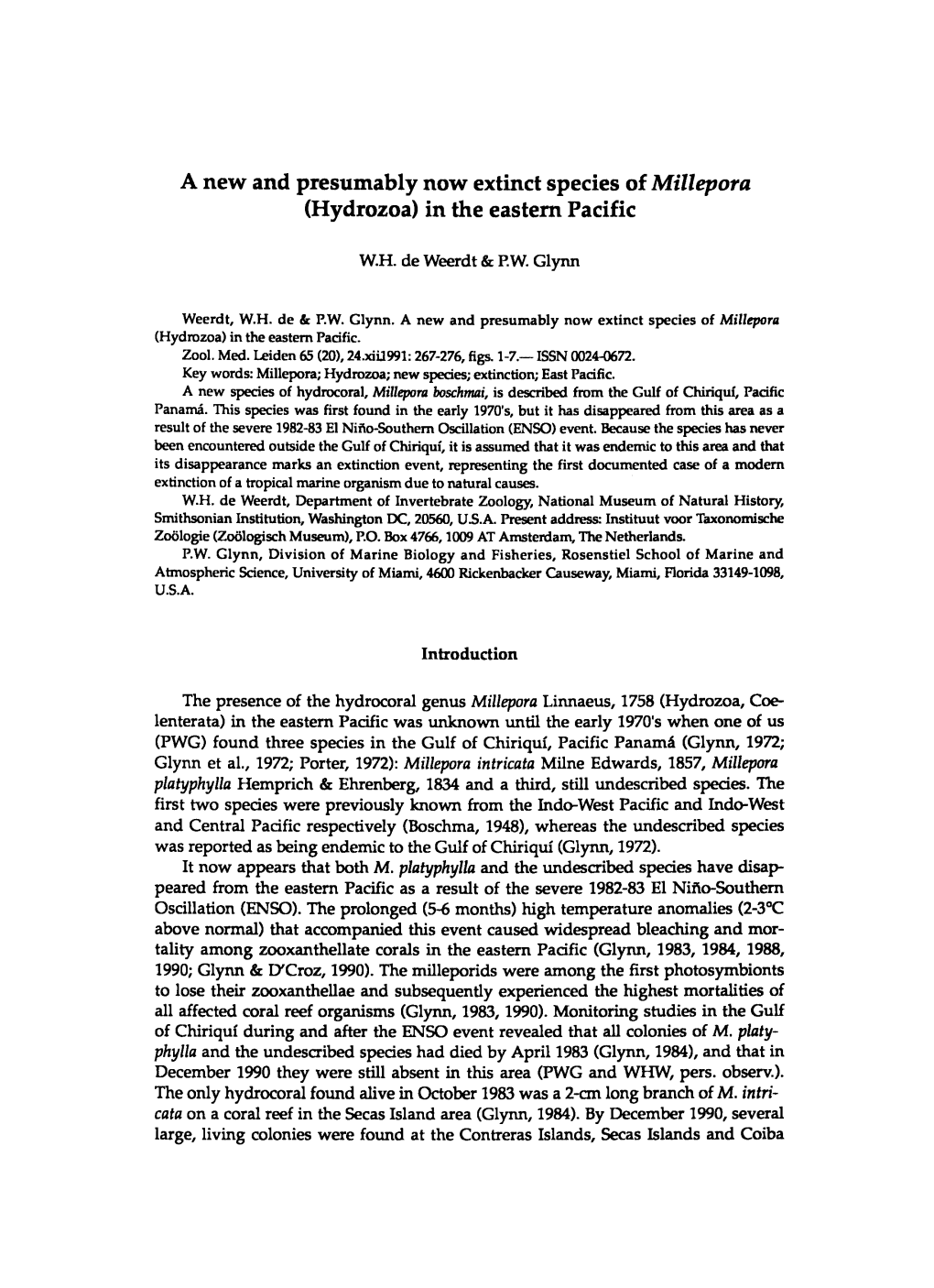 A New and Presumably Now Extinct Species of Millepora (Hydrozoa) in the Eastern Pacific