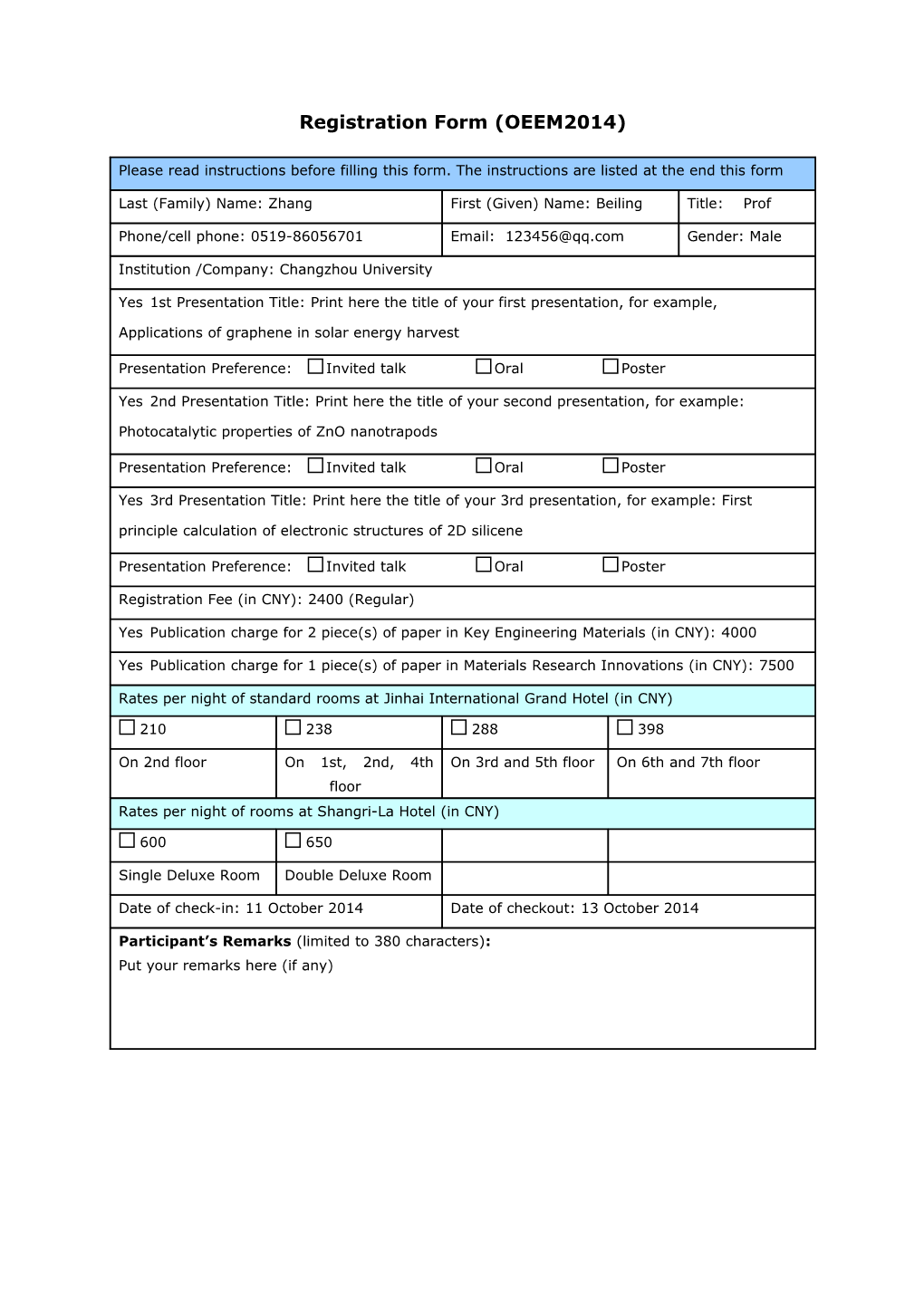 Rates Per Night of Rooms at Shangri-La Hotel (In CNY)