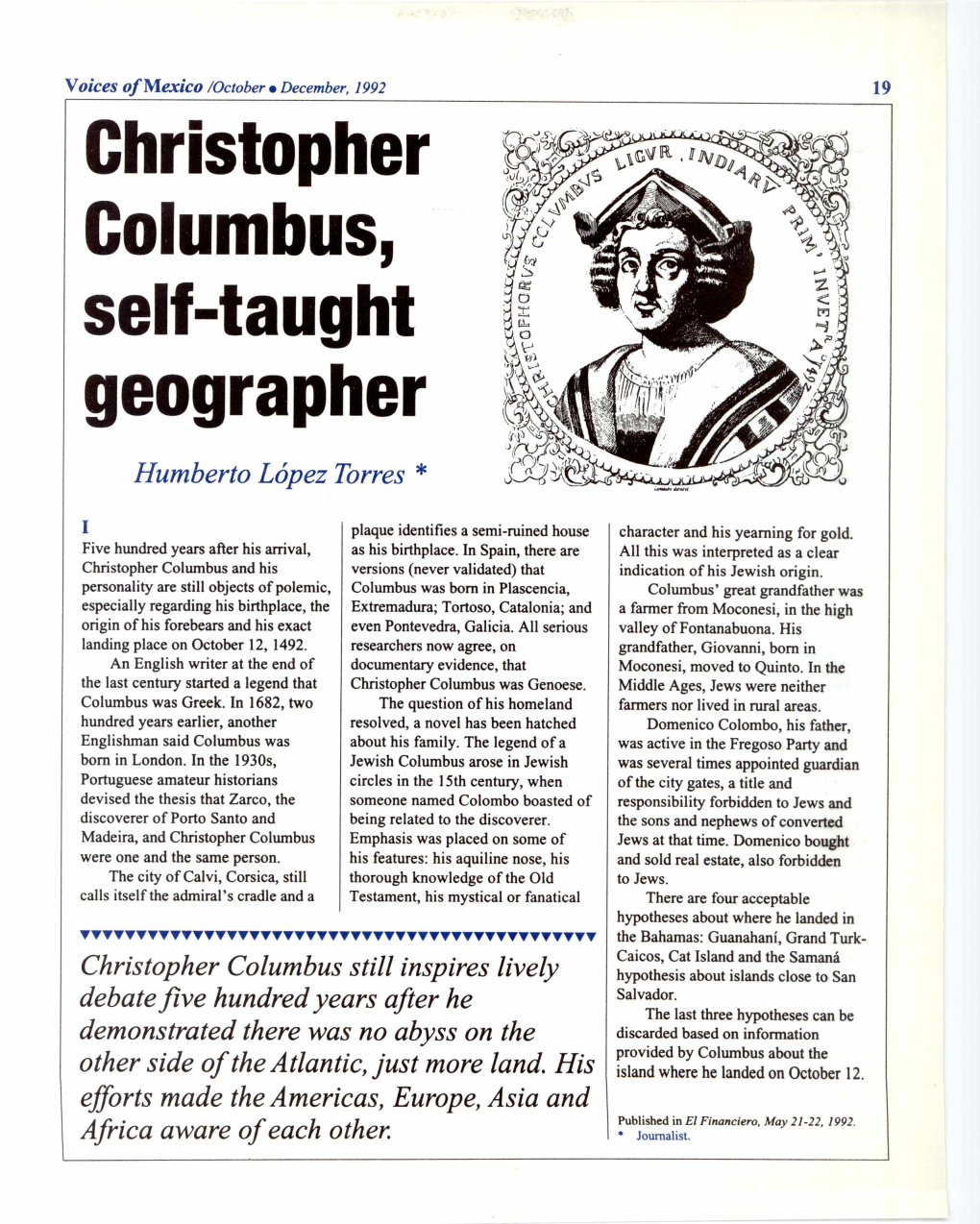 Christopher Columbus, Self-Taught Geographer Humberto López Torres *