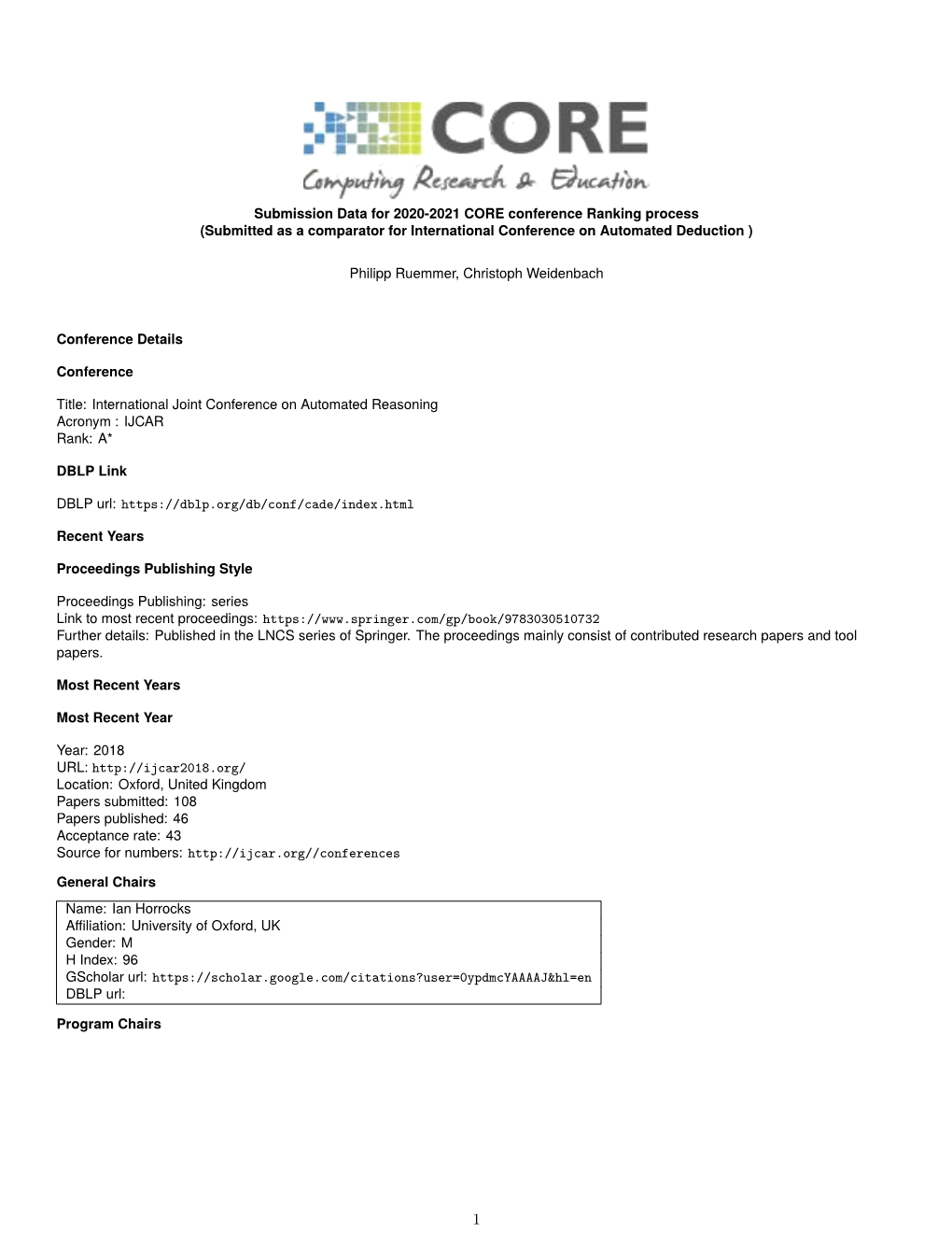 Submission Data for 2020-2021 CORE Conference Ranking Process (Submitted As a Comparator for International Conference on Automated Deduction )