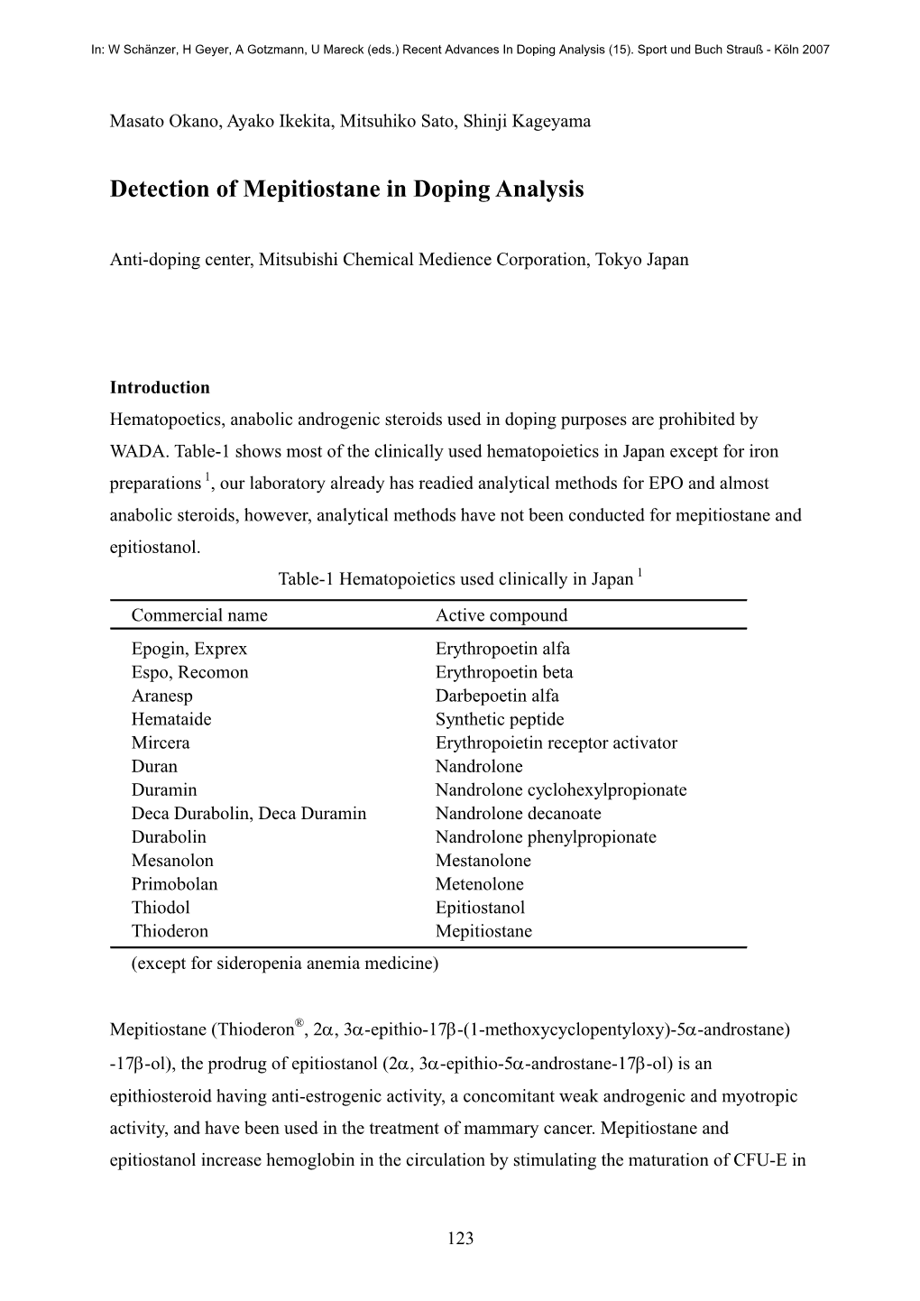 Detection of Mepitiostane in Doping Analysis