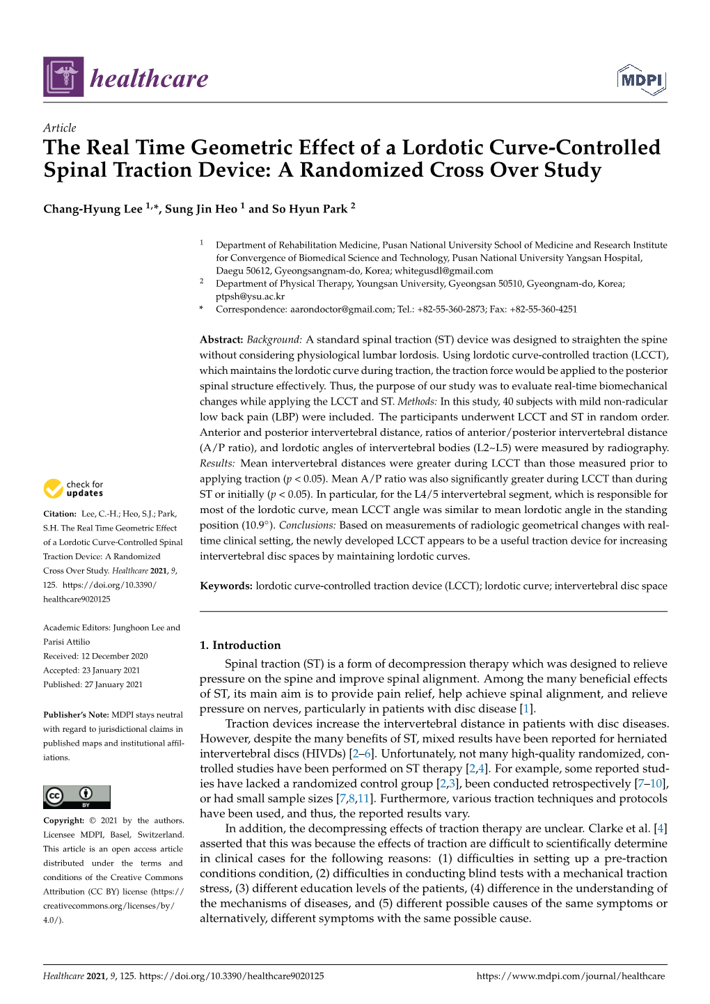 The Real Time Geometric Effect of a Lordotic Curve-Controlled Spinal Traction Device: a Randomized Cross Over Study