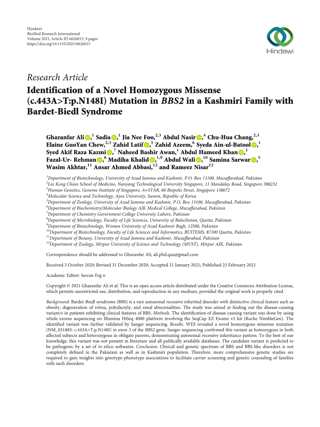 Identification of a Novel Homozygous Missense (C. 443A> T: P. N148I) Mutation in BBS2 in a Kashmiri Family with Bardet-Biedl Syndrome