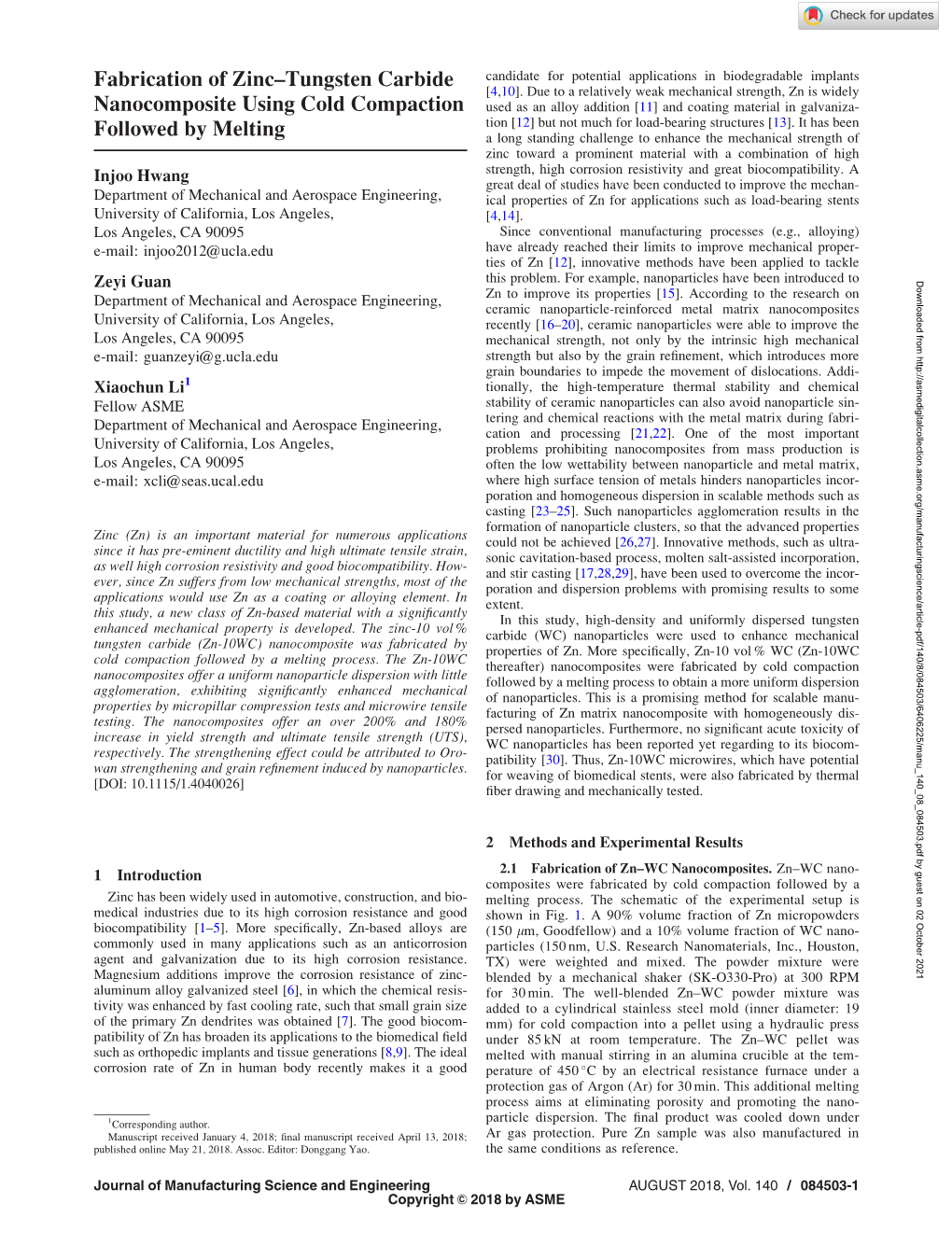 Fabrication of Zinc–Tungsten Carbide Nanocomposite Using Cold