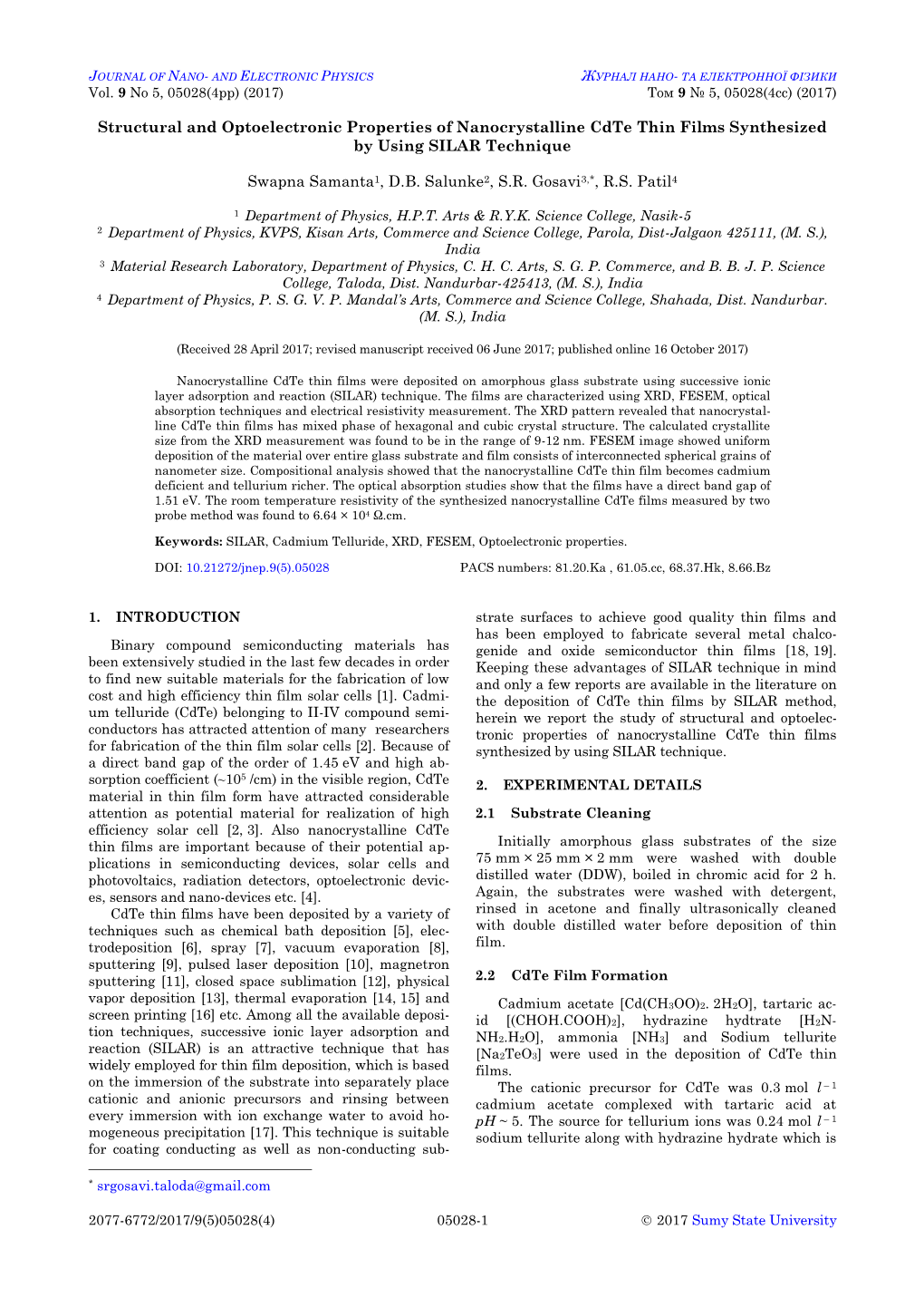 Structural and Optoelectronic Properties of Nanocrystalline Cdte Thin Films Synthesized by Using SILAR Technique