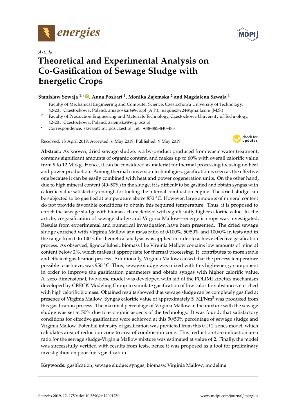 Theoretical and Experimental Analysis on Co-Gasification of Sewage