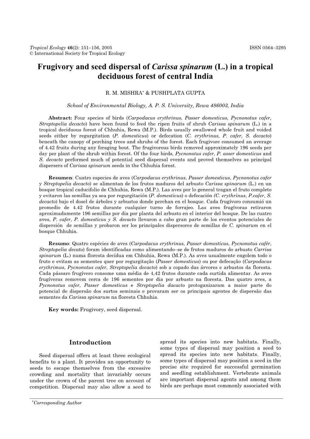 Frugivory and Seed Dispersal of Carissa Spinarum (L.) in a Tropical Deciduous Forest of Central India