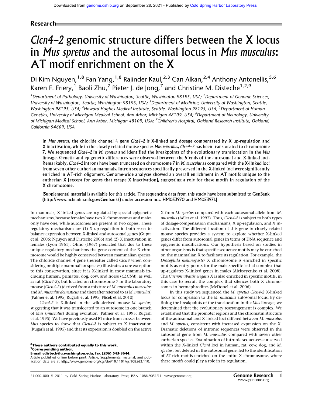 Clcn4-2 Genomic Structure Differs Between the X Locus in Mus Spretus and the Autosomal Locus in Mus Musculus: at Motif Enrichment on the X