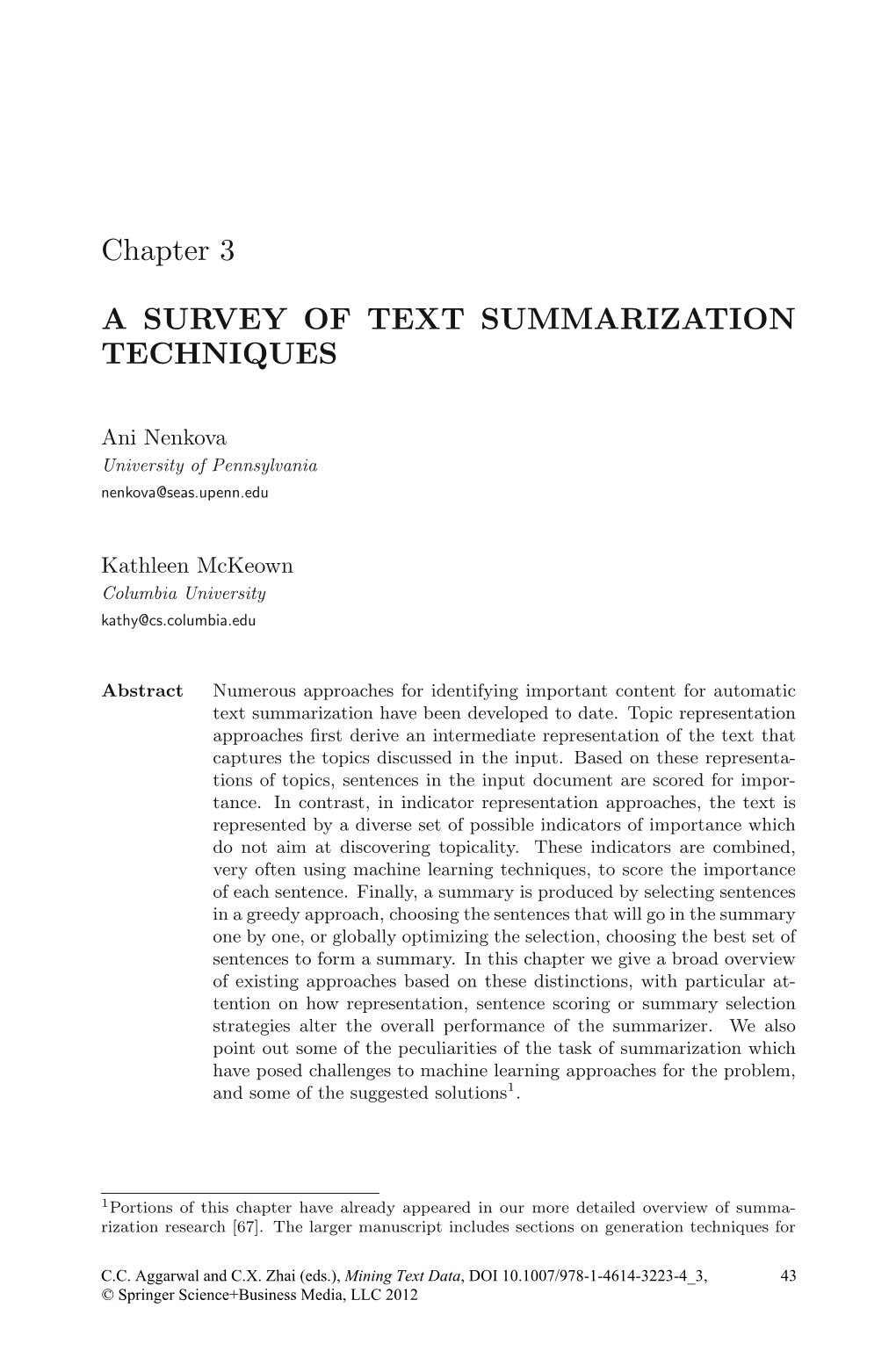 Chapter 3 a SURVEY of TEXT SUMMARIZATION TECHNIQUES