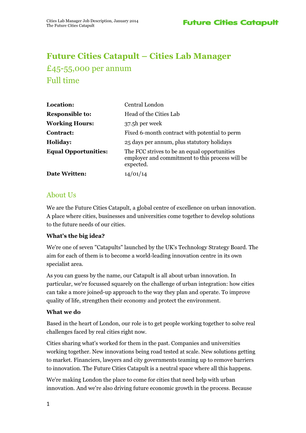 Cities Lab Manager Job Description, January 2014