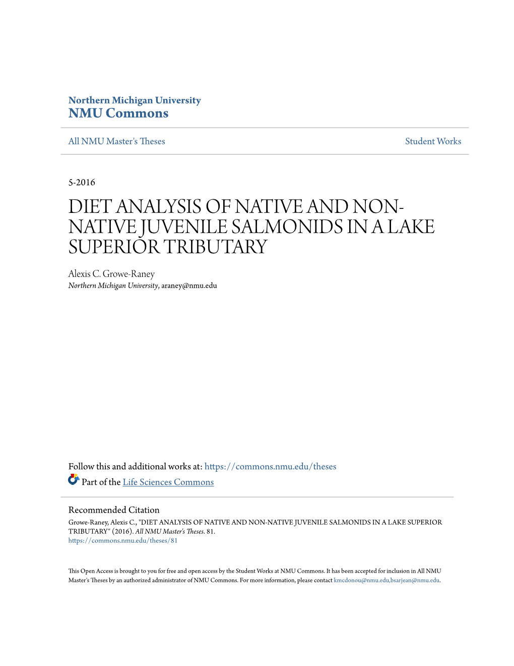 Diet Analysis of Native and Non-Native Juvenile Salmonids in a Lake Superior Tributary