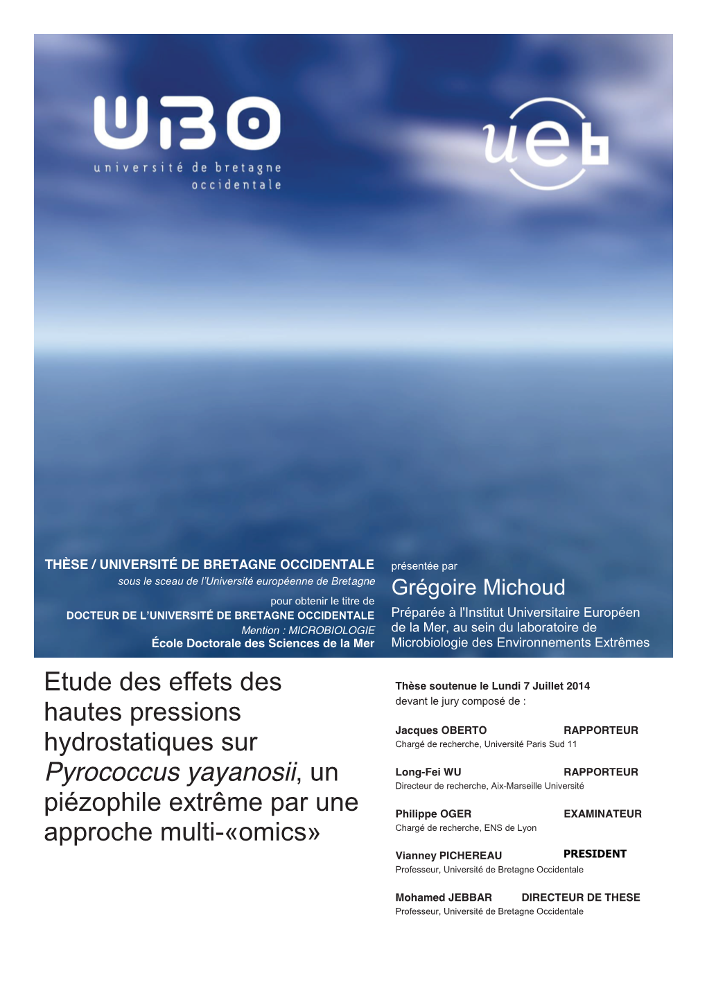 Etude Des Effets Des Hautes Pressions Hydrostatiques Sur Pyrococcus Yayanosii , Un Piézophile Extrême Par Une Approche Multi-« Omics »