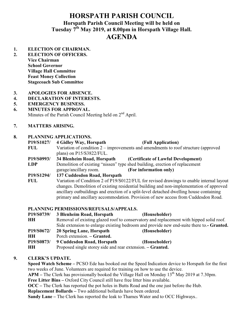 Horspath Parish Council Agenda