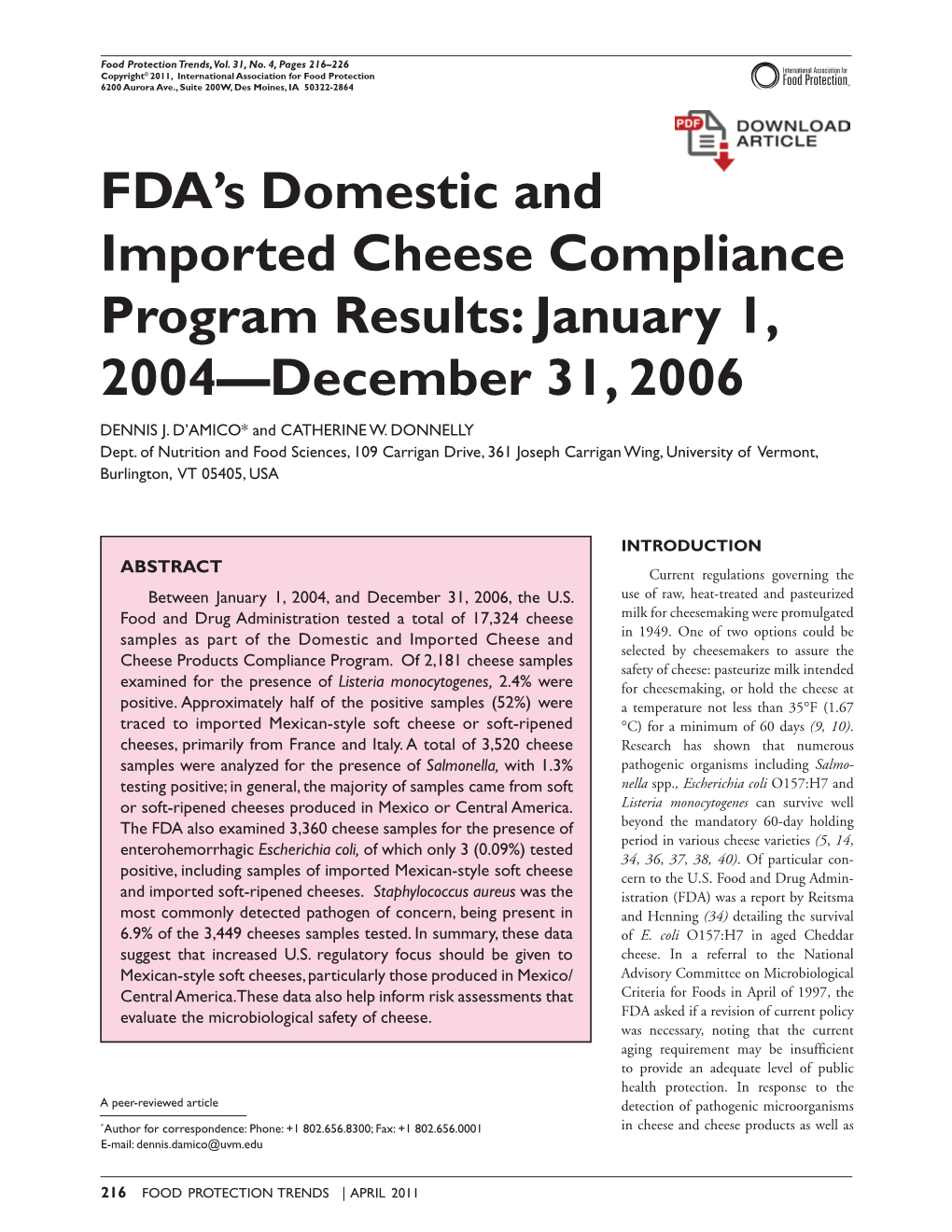 FDA's Domestic and Imported Cheese Compliance Program Results
