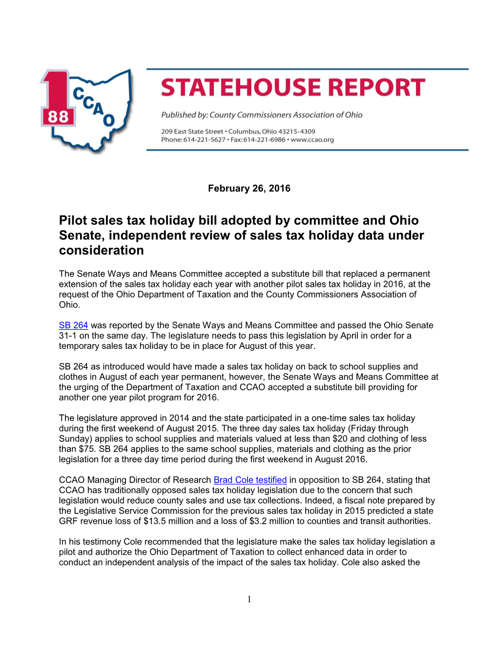 Pilot Sales Tax Holiday Bill Adopted by Committee and Ohio Senate, Independent Review of Sales Tax Holiday Data Under Consideration