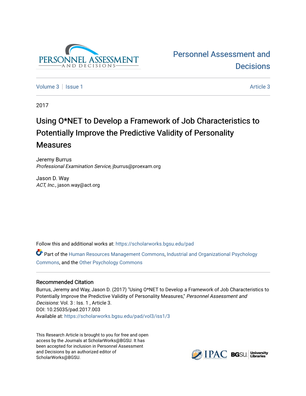 Using O*NET to Develop a Framework of Job Characteristics to Potentially Improve the Predictive Validity of Personality Measures