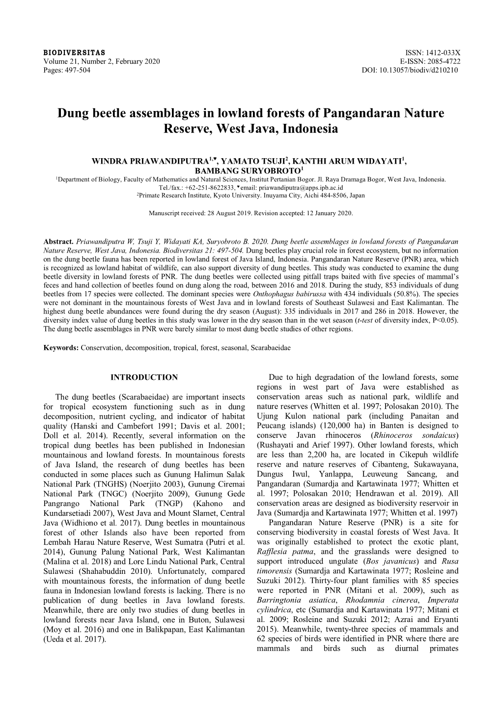 Dung Beetle Assemblages in Lowland Forests of Pangandaran Nature Reserve, West Java, Indonesia