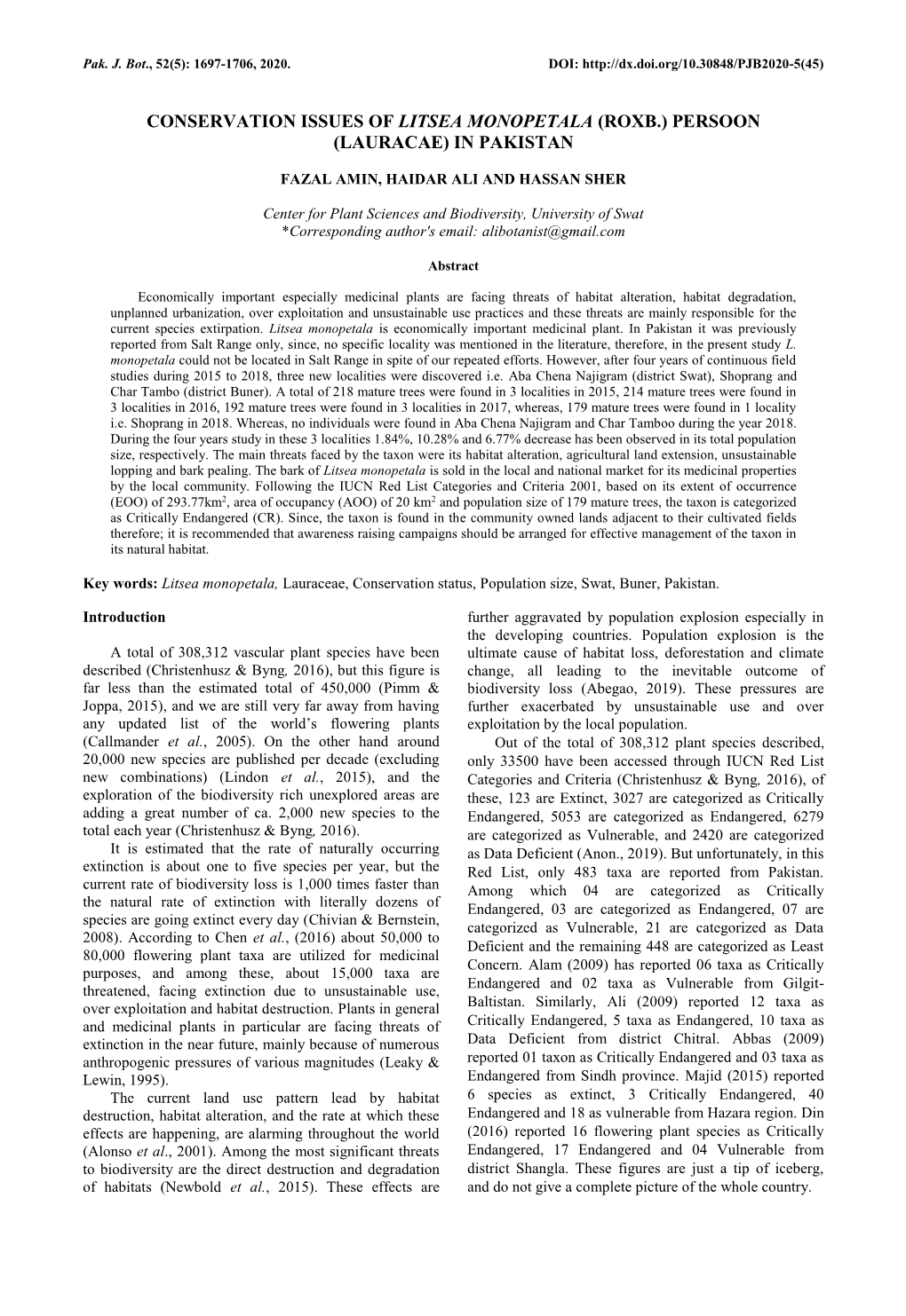 Conservation Issues of Litsea Monopetala (Roxb.) Persoon (Lauracae) in Pakistan