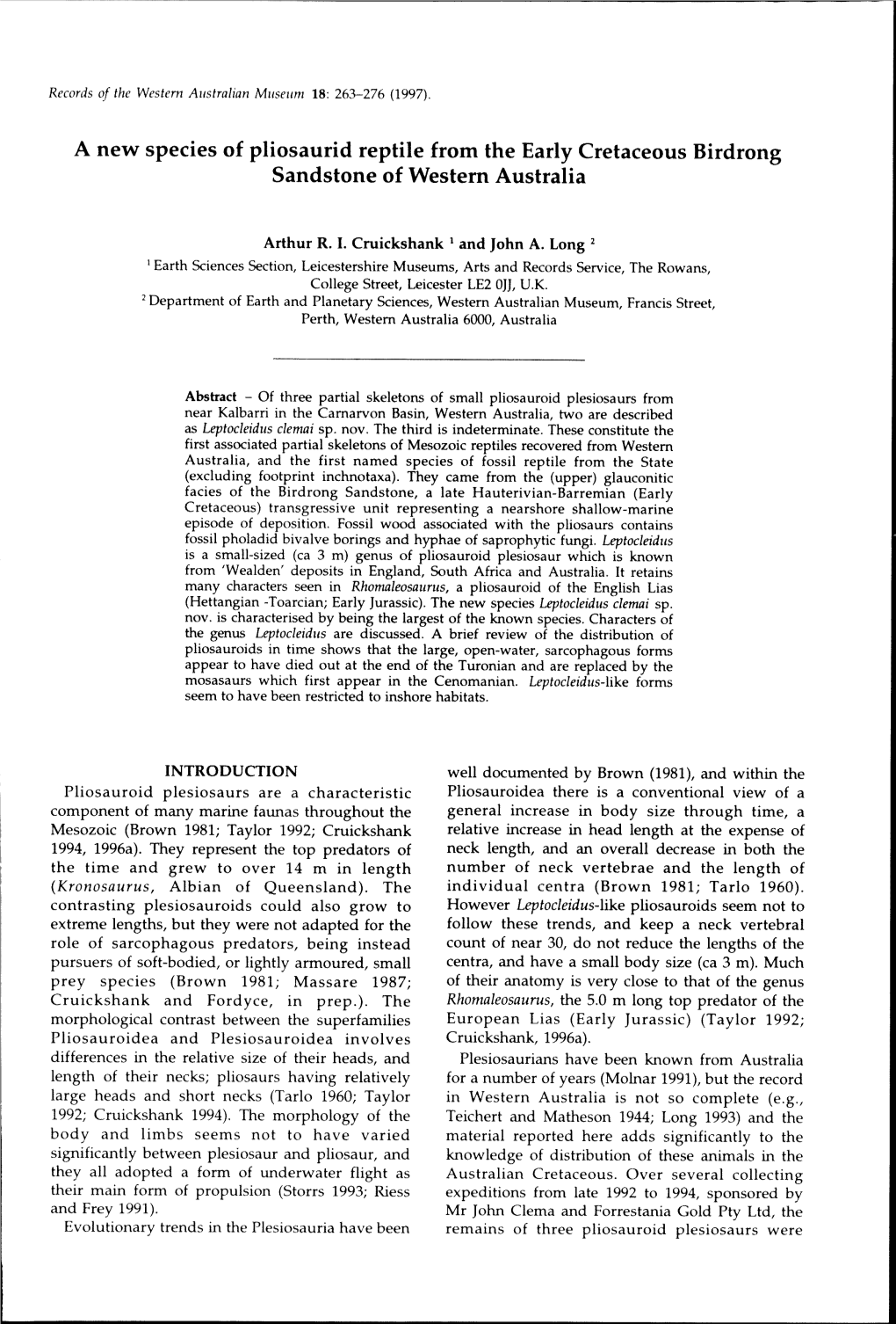 A New Species of Pliosaurid Reptile from the Early Cretaceous Birdrong Sandstone of Western Australia