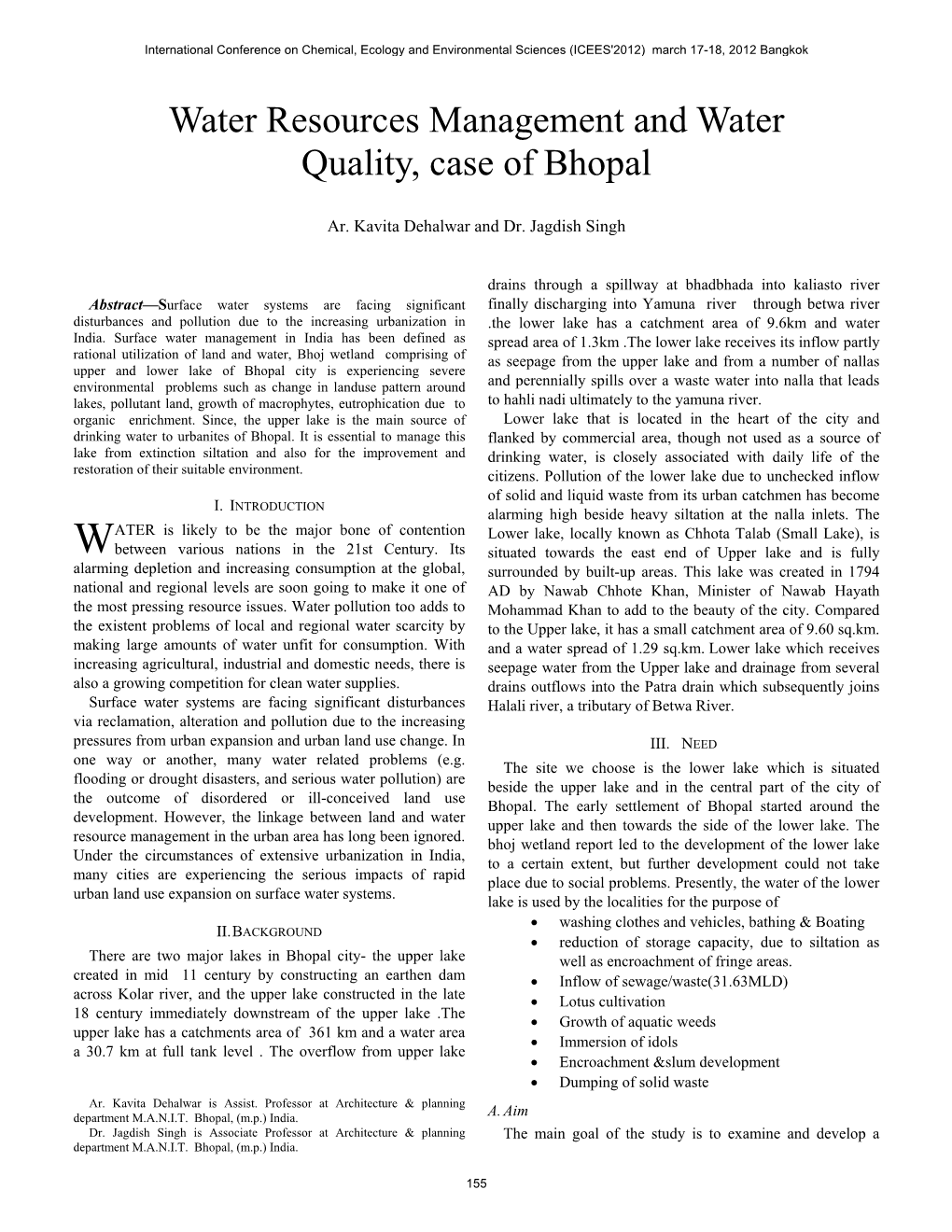 Water Resources Management and Water Quality, Case of Bhopal