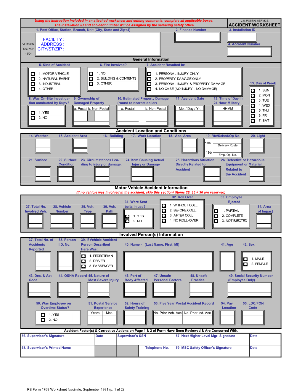 PS Form 1769 Worksheet Fascimile, September 1991 (P