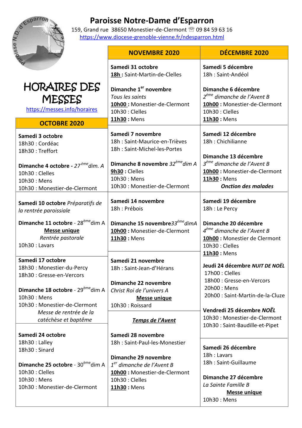 Paroisse Notre-Dame D'esparron HORAIRES DES MESSES