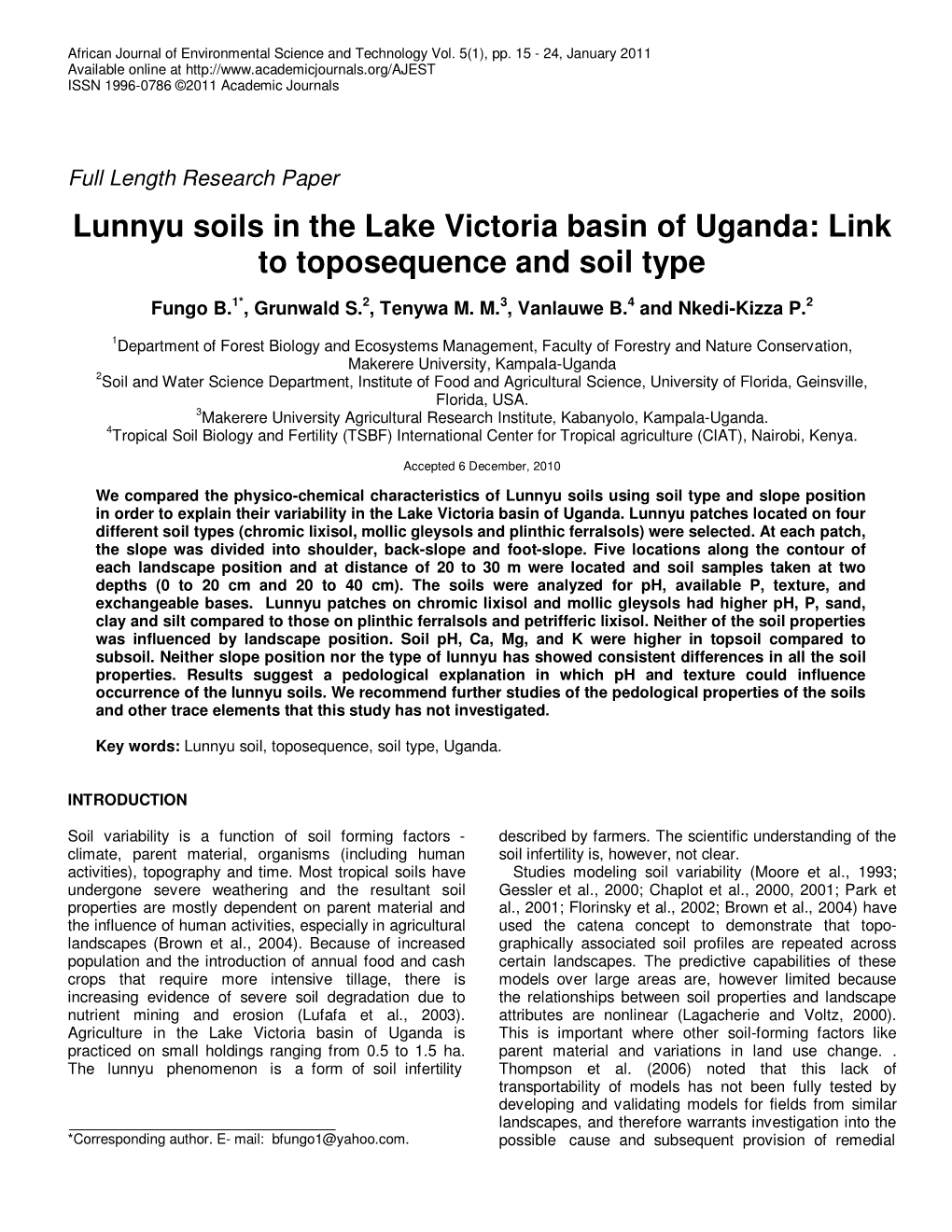 Lunnyu Soils in the Lake Victoria Basin of Uganda: Link to Toposequence and Soil Type