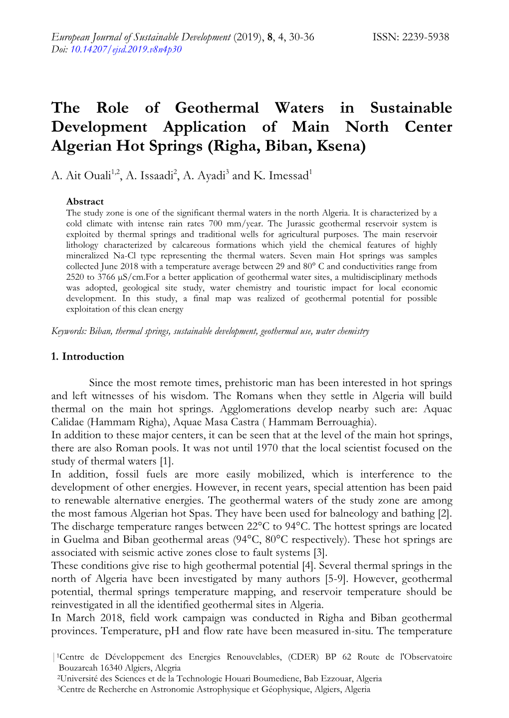 The Role of Geothermal Waters in Sustainable Development Application of Main North Center Algerian Hot Springs (Righa, Biban, Ksena)